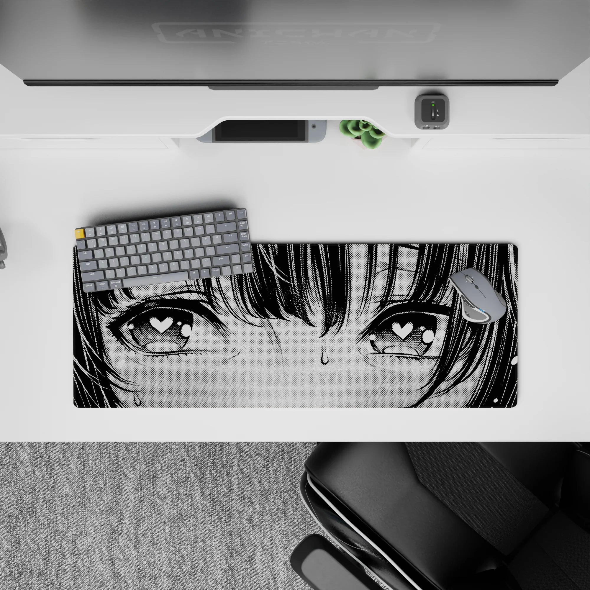 32x12 inches anime girl mouse pad in black ink and soft gray, cute nervous lovestruck vibe with sweat drop.
