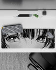 32x12 inches anime girl mouse pad in black ink and soft gray, cute nervous lovestruck vibe with sweat drop.