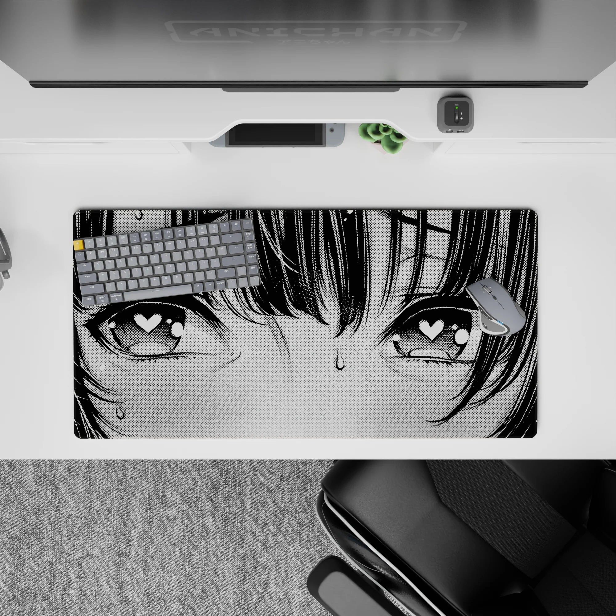 32x16 inches anime girl mouse pad in soft gray tones with bold black line art, blushing lovestruck mood.