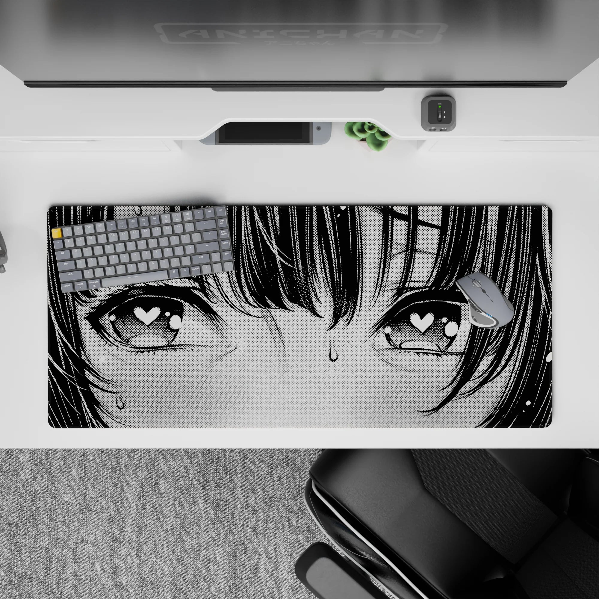 36x16 inches desk pad in gray tones with bold black ink, blush cheeks, cute nervous lovestruck mood.