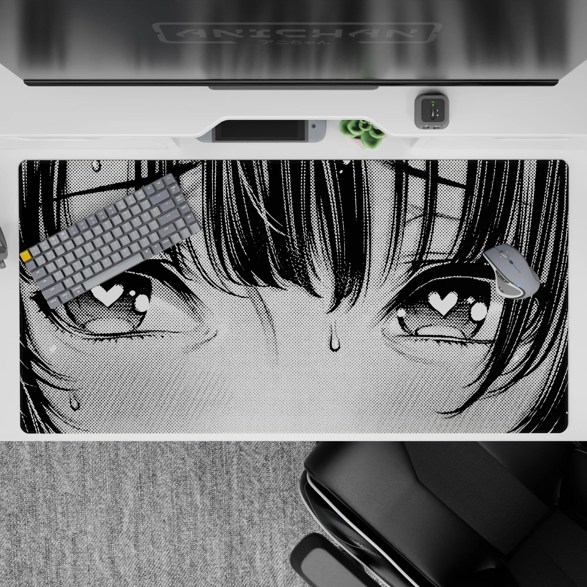 40x20 inches desk pad in soft gray with sharp black line art, halftone dots, and lovestruck nervous vibe.