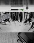 40x20 inches desk pad in soft gray with sharp black line art, halftone dots, and lovestruck nervous vibe.