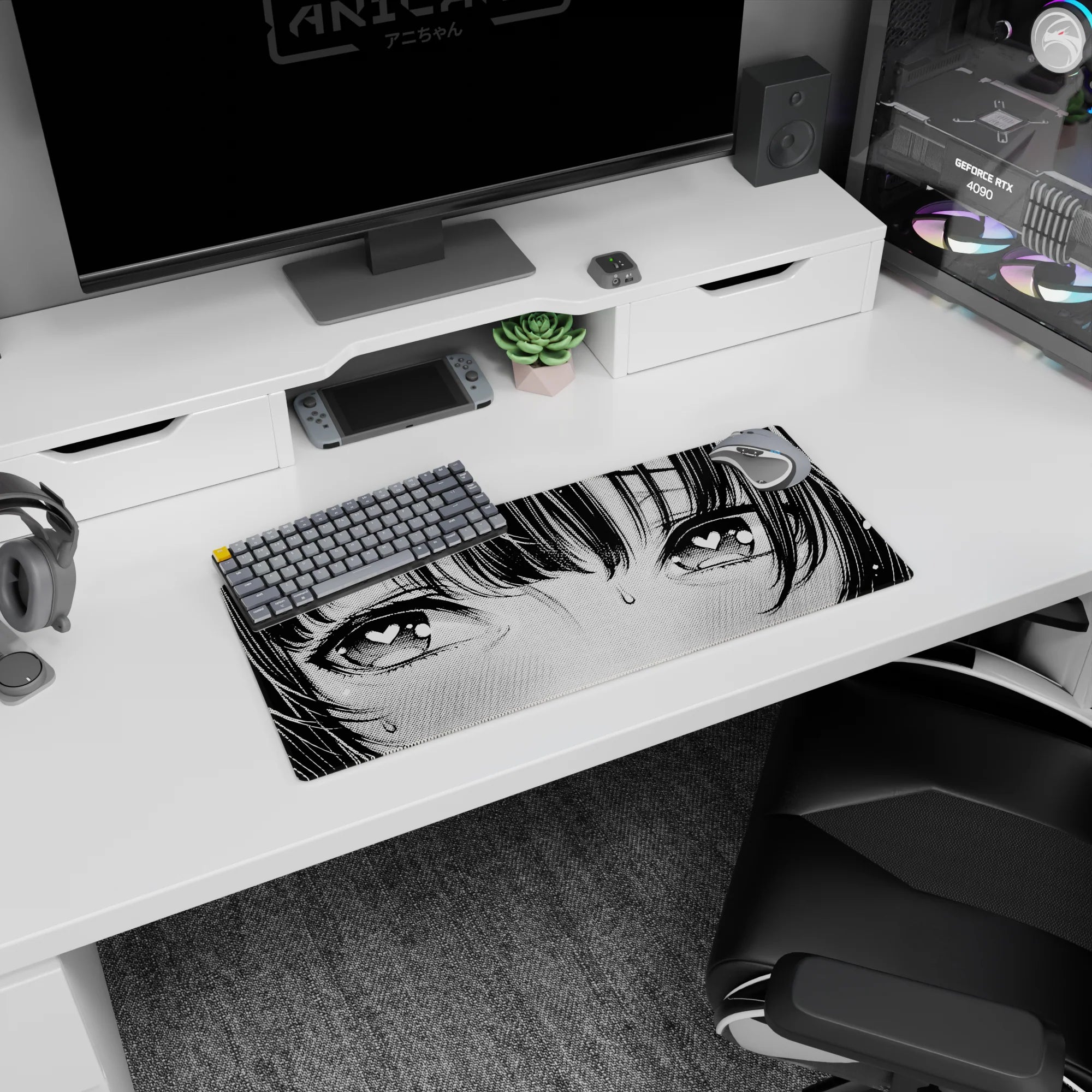 Closeup of nervous anime girl with heart-shaped pupils and sweat drop on a 28x12 inches desk mouse pad.