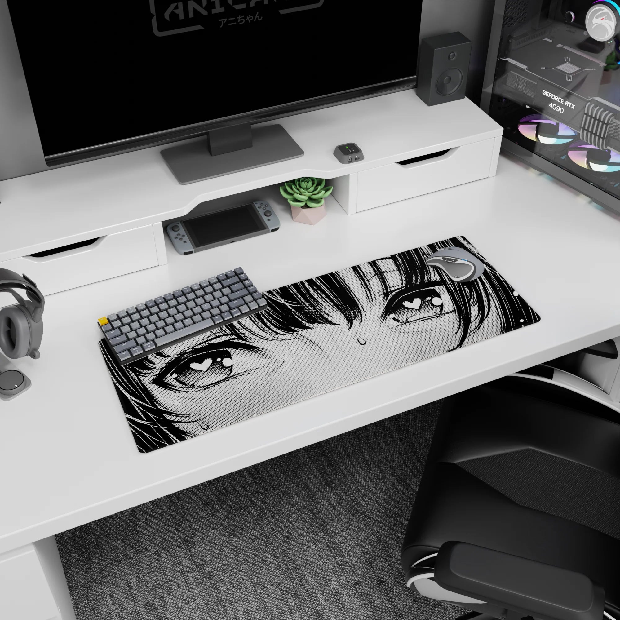 32x12 inches anime girl mouse pad featuring a close-up girl with messy bangs and heart pupils staring adorably.