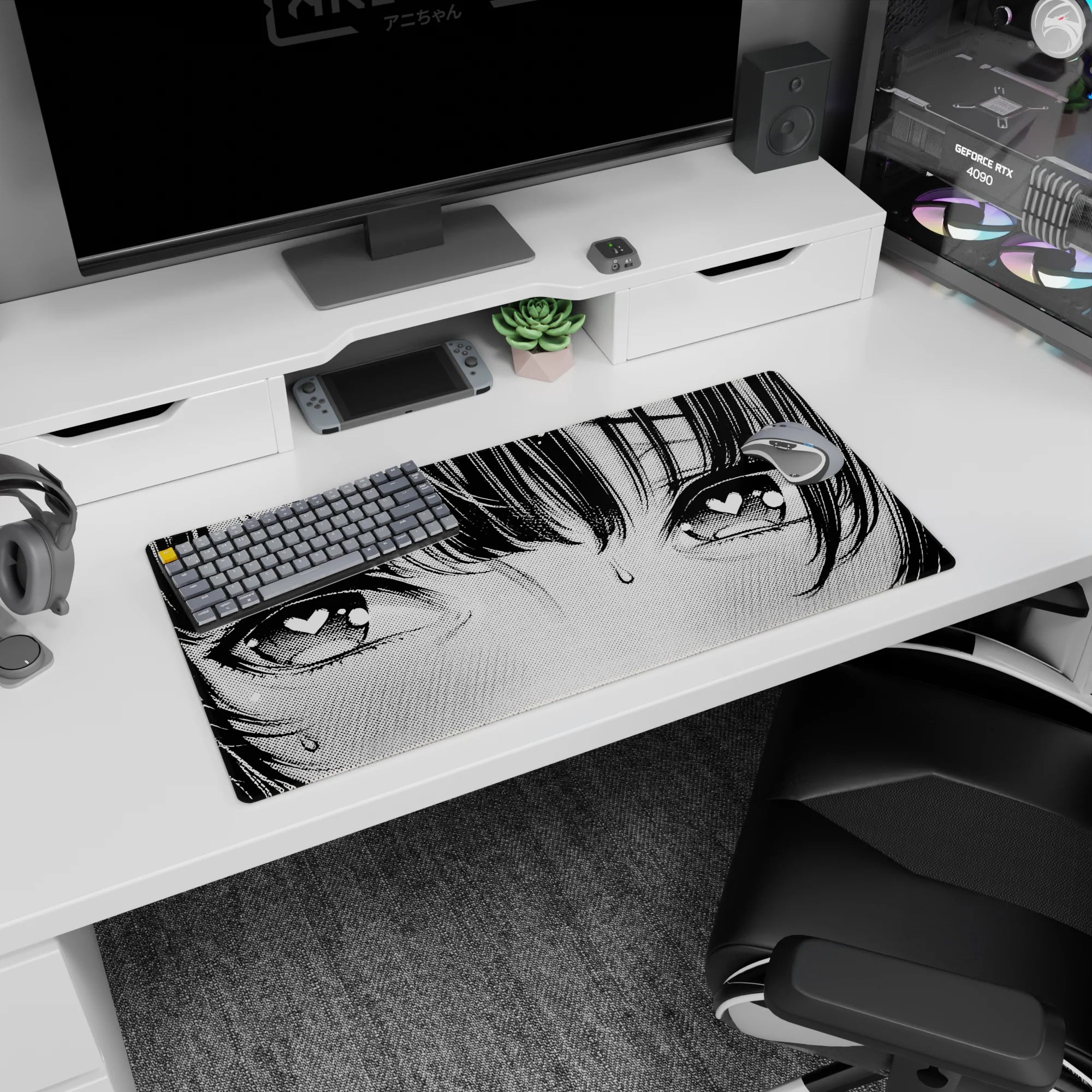 32x16 inches anime girl mouse pad close-up of blushing girl with heart pupils, sweat drop, messy bangs.