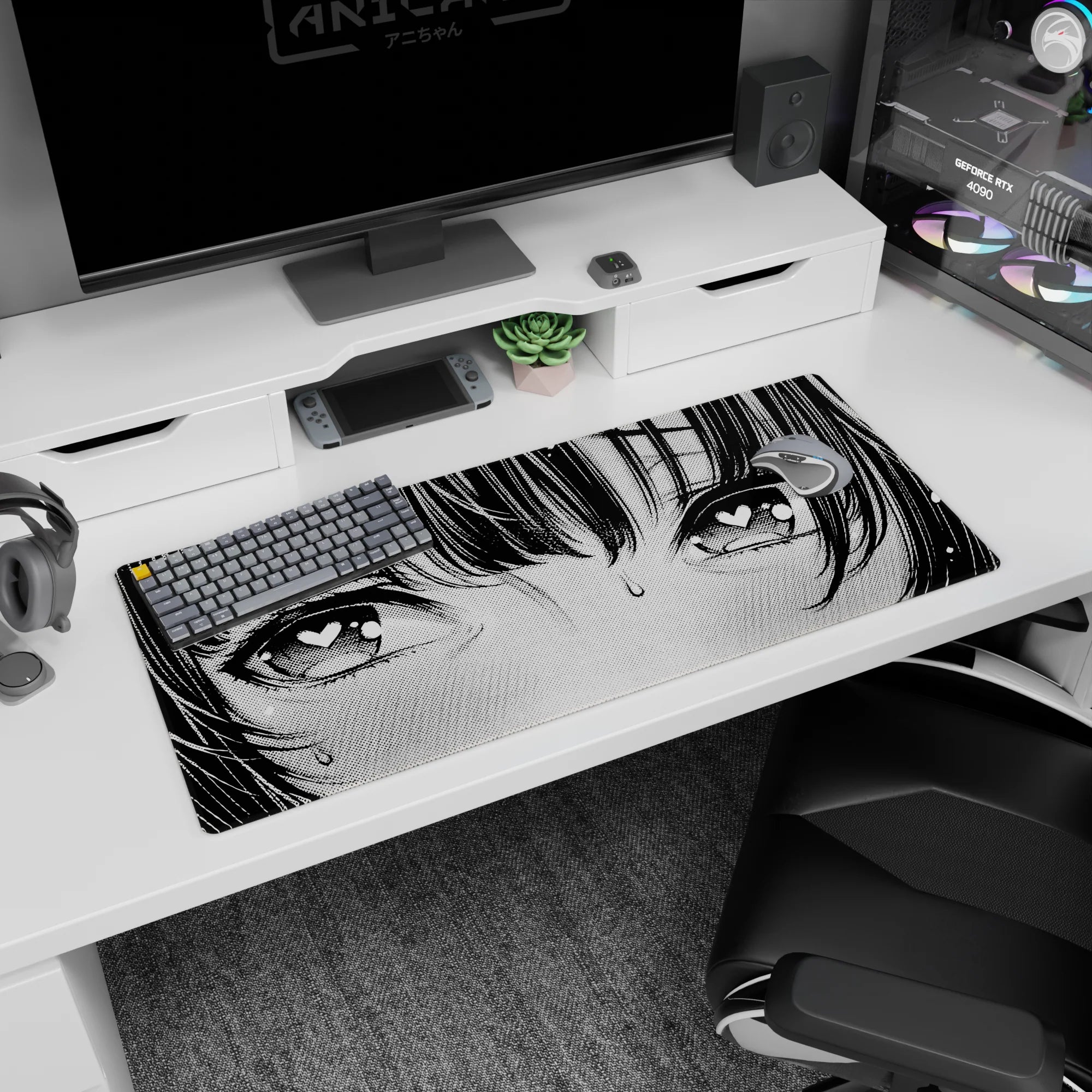 36x16 inches anime desk pad close-up of blushing girl with heart pupils, sweat drop, and messy bangs.
