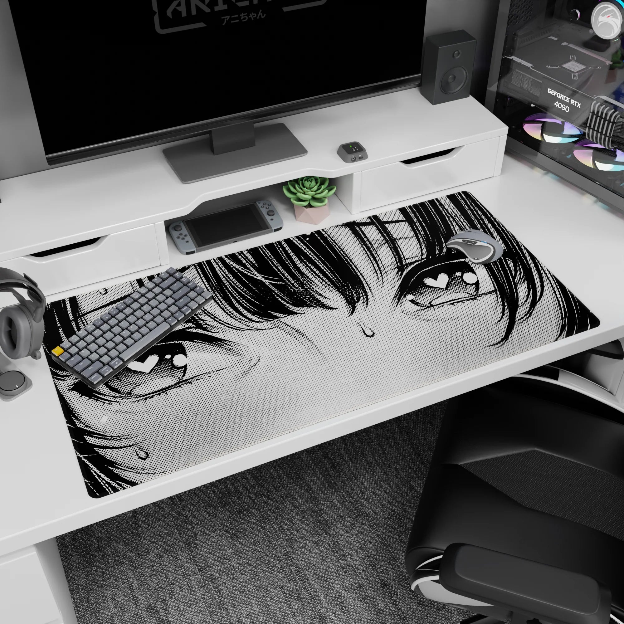 40x20 inches anime desk pad showing a shy blushing girl with heart pupils, sweat drop, and messy bangs.