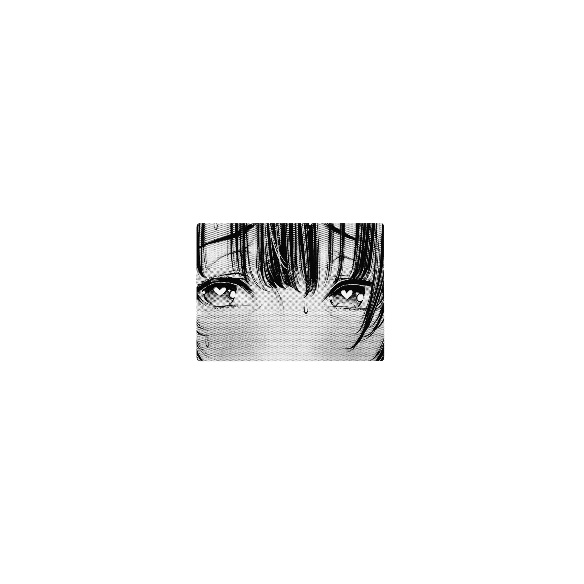 Classic anime girl mouse pad 14x10 inches with heart-shaped pupils, bold ink lines, and manga halftones.