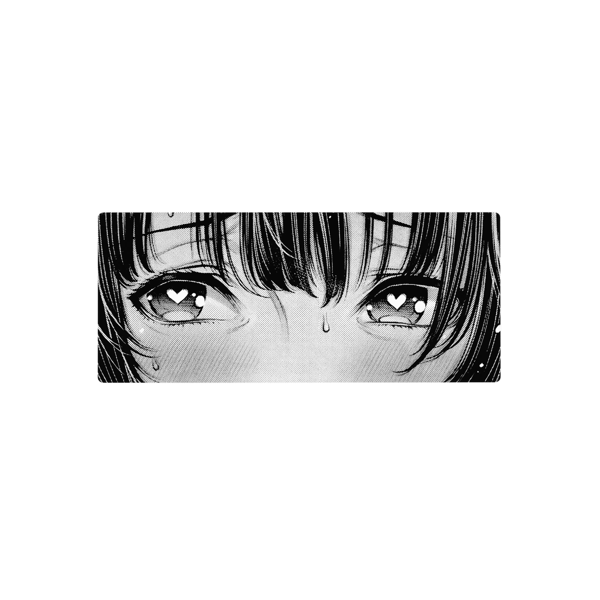 Anime girl mouse pad 28x12 inches with heart eyes, manga halftones, crisp ink lines, closeup portrait.