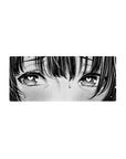 Anime girl mouse pad 28x12 inches with heart eyes, manga halftones, crisp ink lines, closeup portrait.