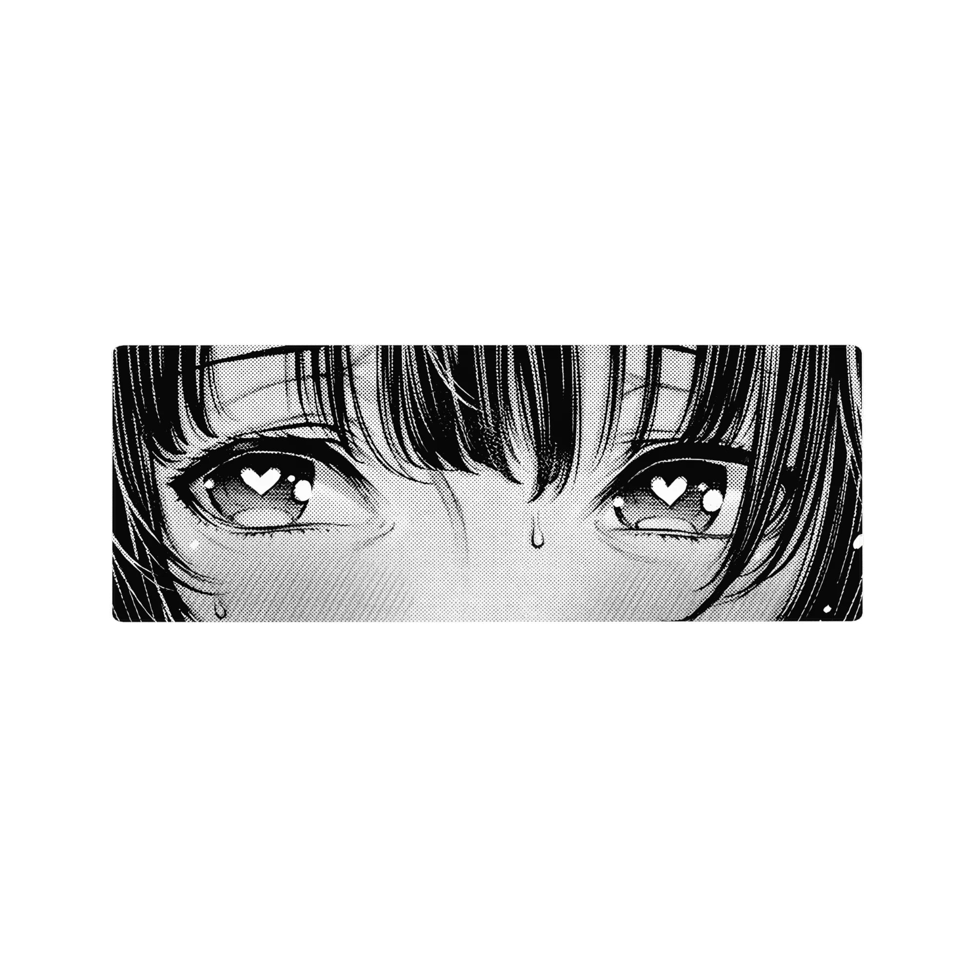 32x12 inches anime girl mouse pad with blushing close-up, heart eyes, crisp ink lines and halftone manga dots.