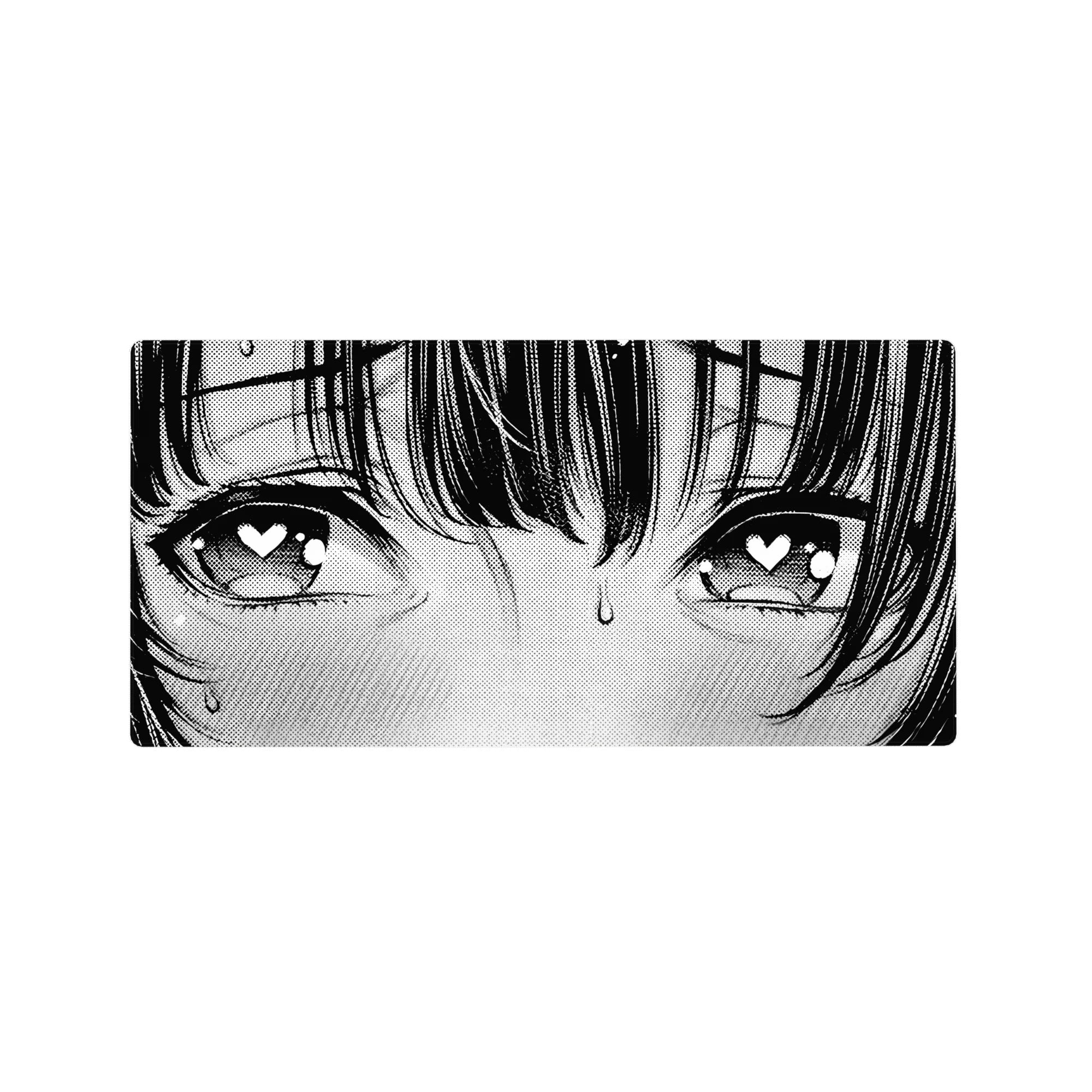 32x16 inches anime girl mouse pad with heart eyes, crisp ink lines, halftone manga close-up design.