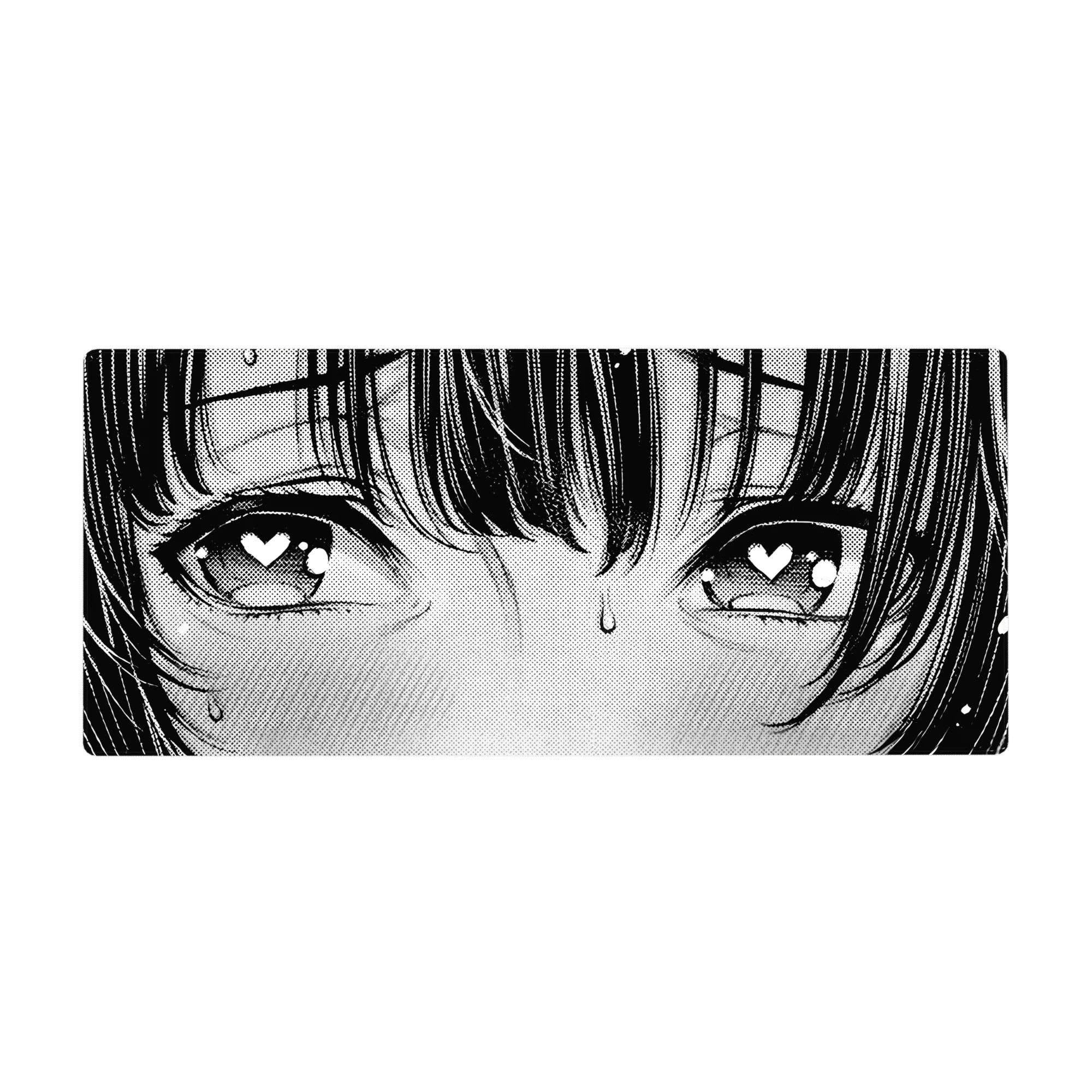 36x16 inches anime girl desk pad with heart eyes, manga halftone shading, crisp black line art.