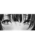 36x16 inches anime girl desk pad with heart eyes, manga halftone shading, crisp black line art.