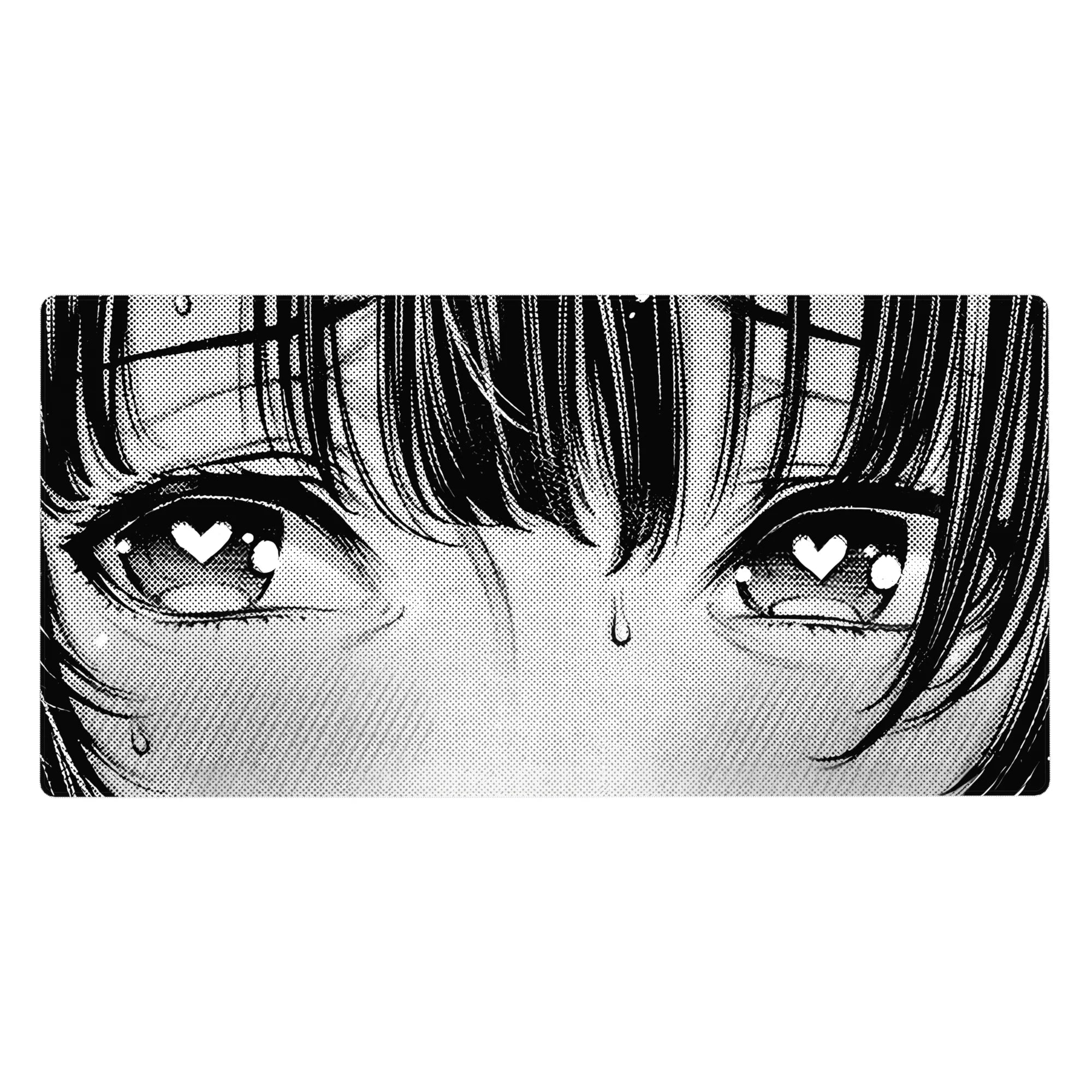 40x20 inches anime girl desk pad with blushing close-up, heart eyes, crisp ink lines and manga halftones.