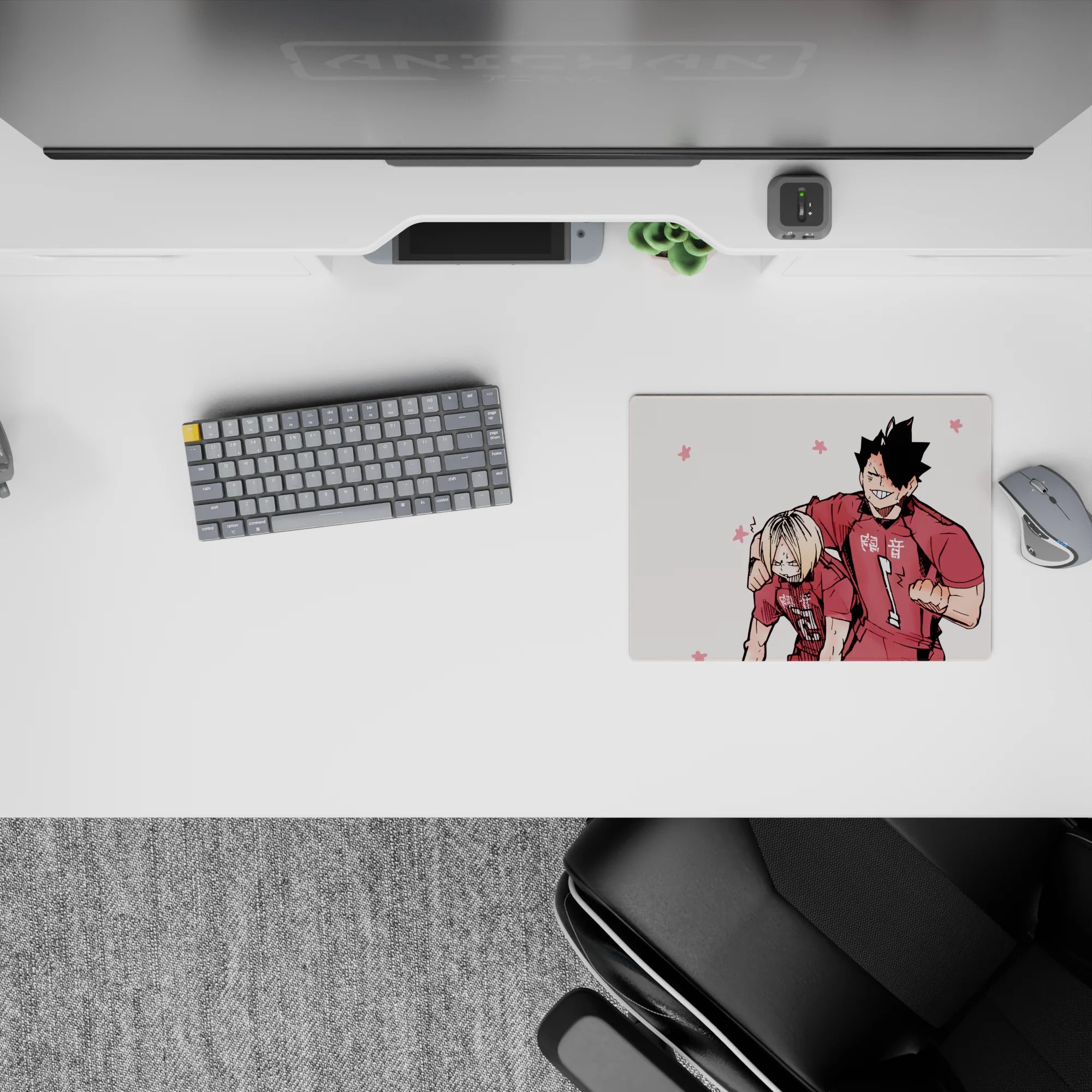14x10 inches classic anime mouse pad in soft pink with red accents, crisp lines, playful victory vibe.