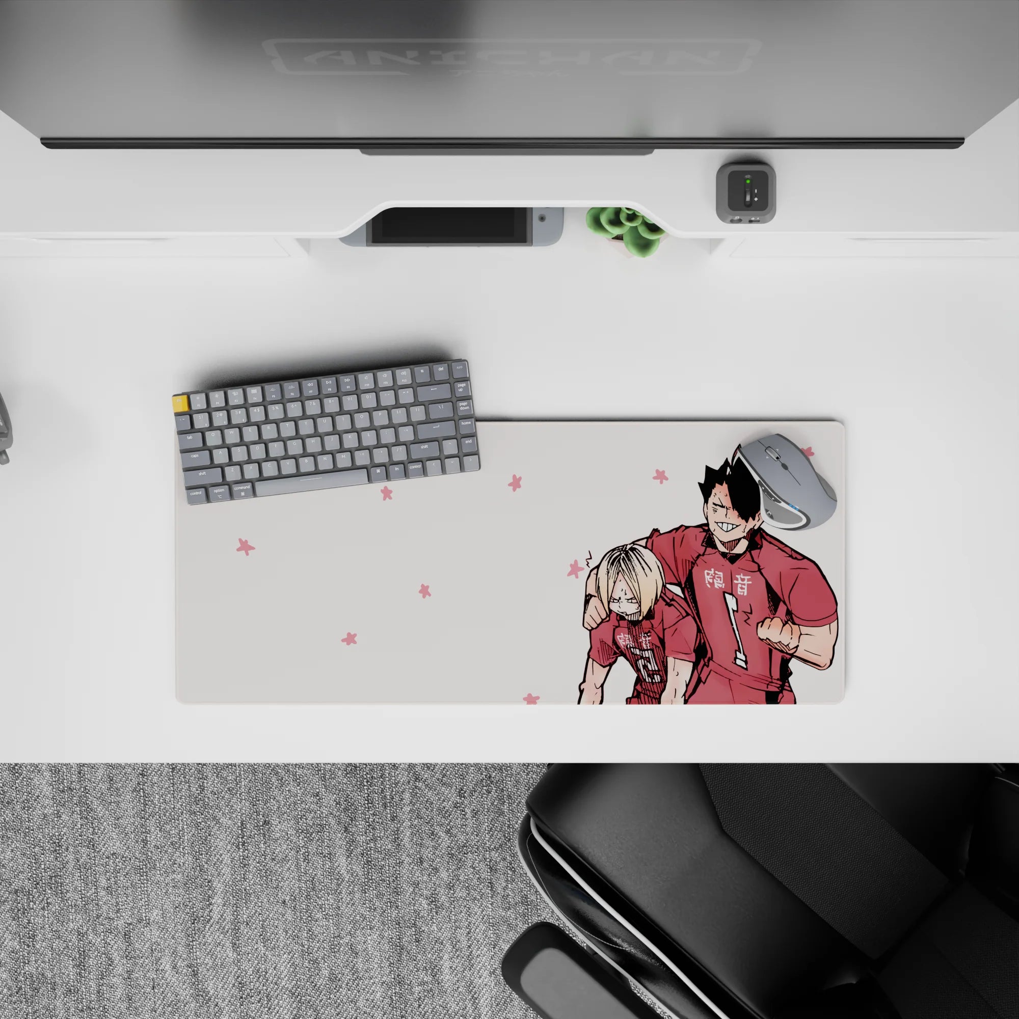 28x12 inches anime mouse pad in soft pink with crisp lines, playful victory vibe, tiny flower icons.