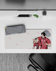 28x12 inches anime mouse pad in soft pink with crisp lines, playful victory vibe, tiny flower icons.