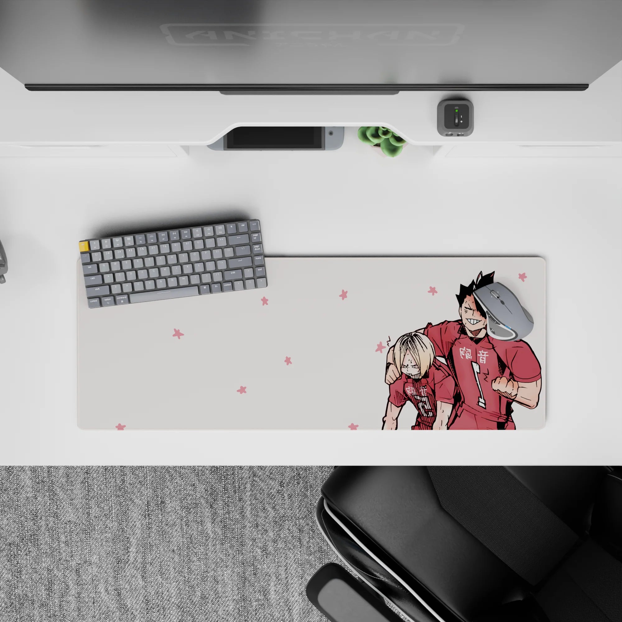 32x12 inches anime mouse pad in soft pink with deep red jersey accents, clean crisp lines, playful vibe.