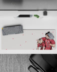 32x12 inches anime mouse pad in soft pink with deep red jersey accents, clean crisp lines, playful vibe.