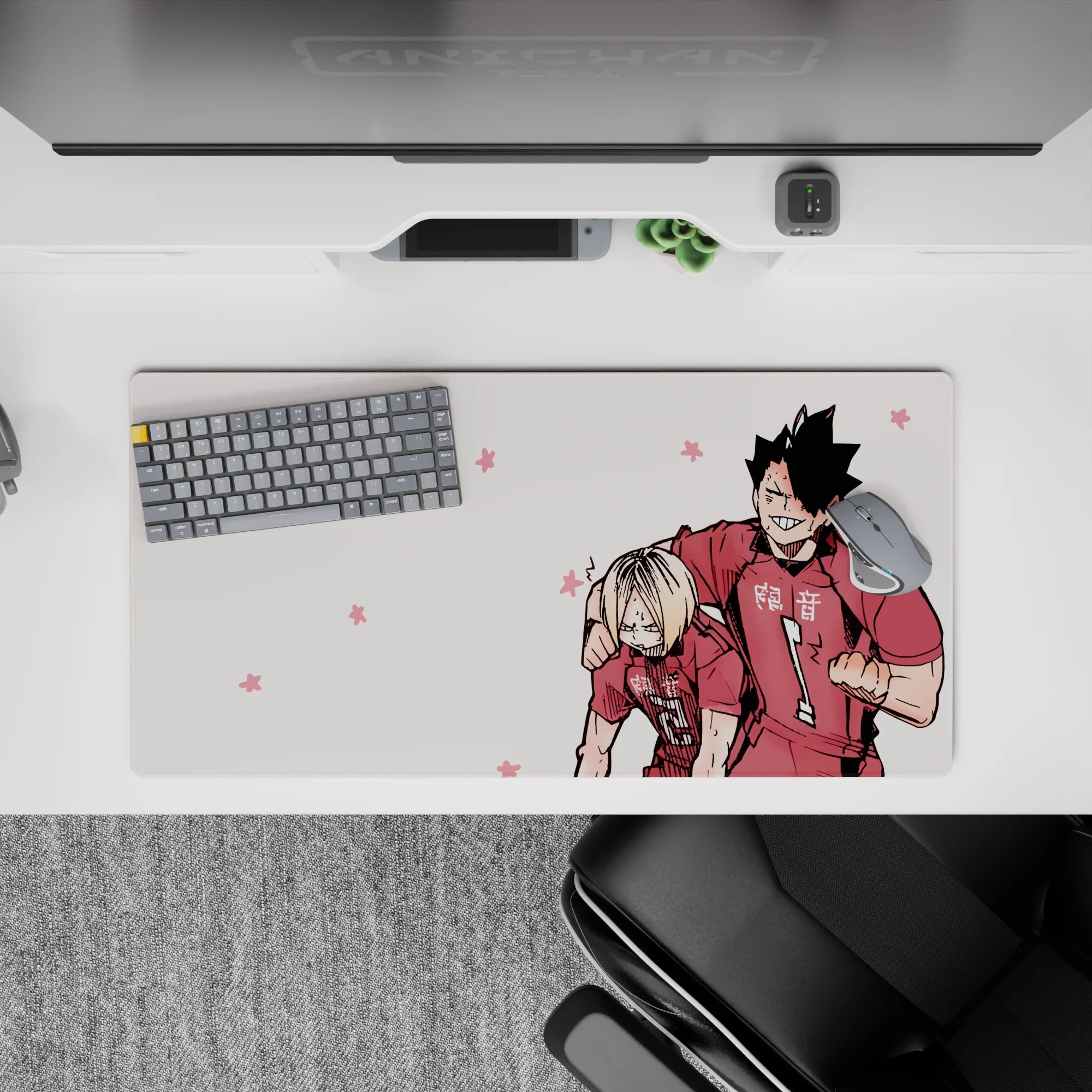 32x16 inches anime mouse pad in soft pink with tiny flowers, crisp lines, playful victory vibe.