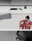 36x16 inches anime mouse pad in soft pink with flower icons, crisp lines, playful victory vibe.