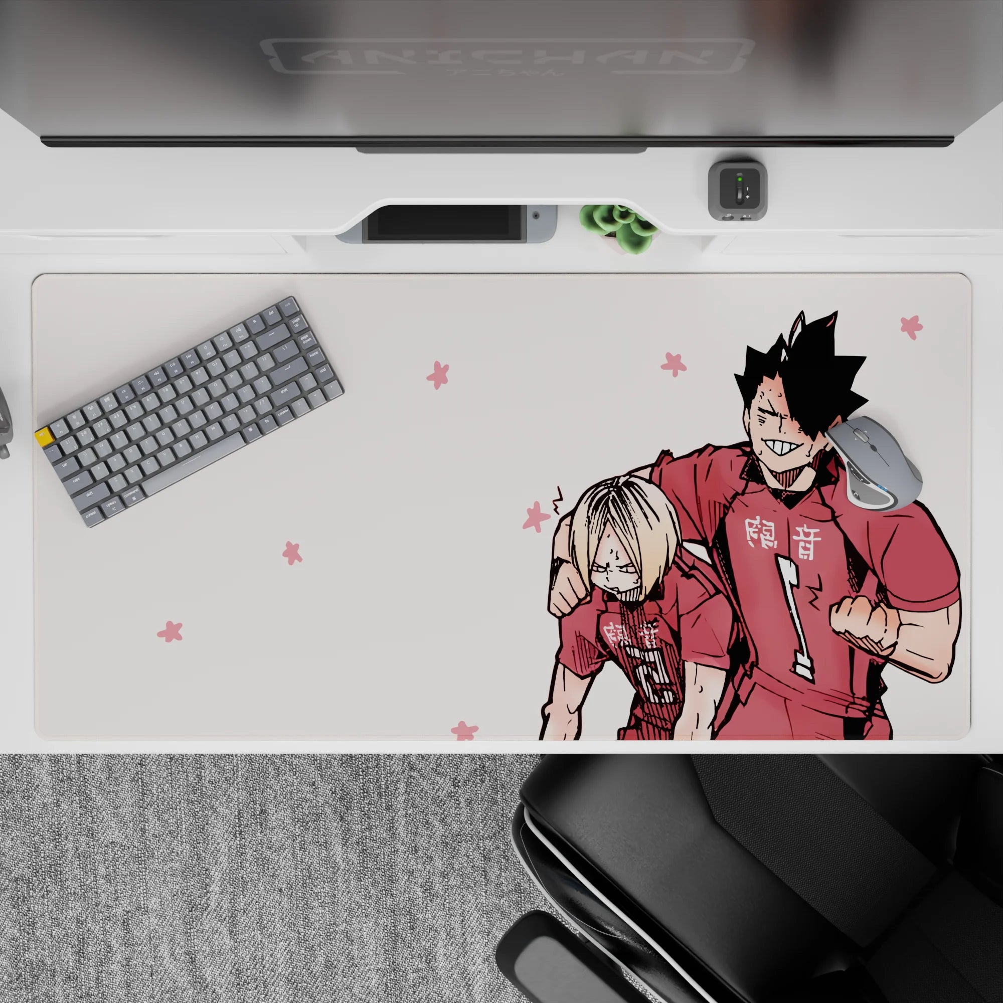 Soft pink anime desk pad 40x20 inches with flower icons, crisp lines, playful victory vibe.