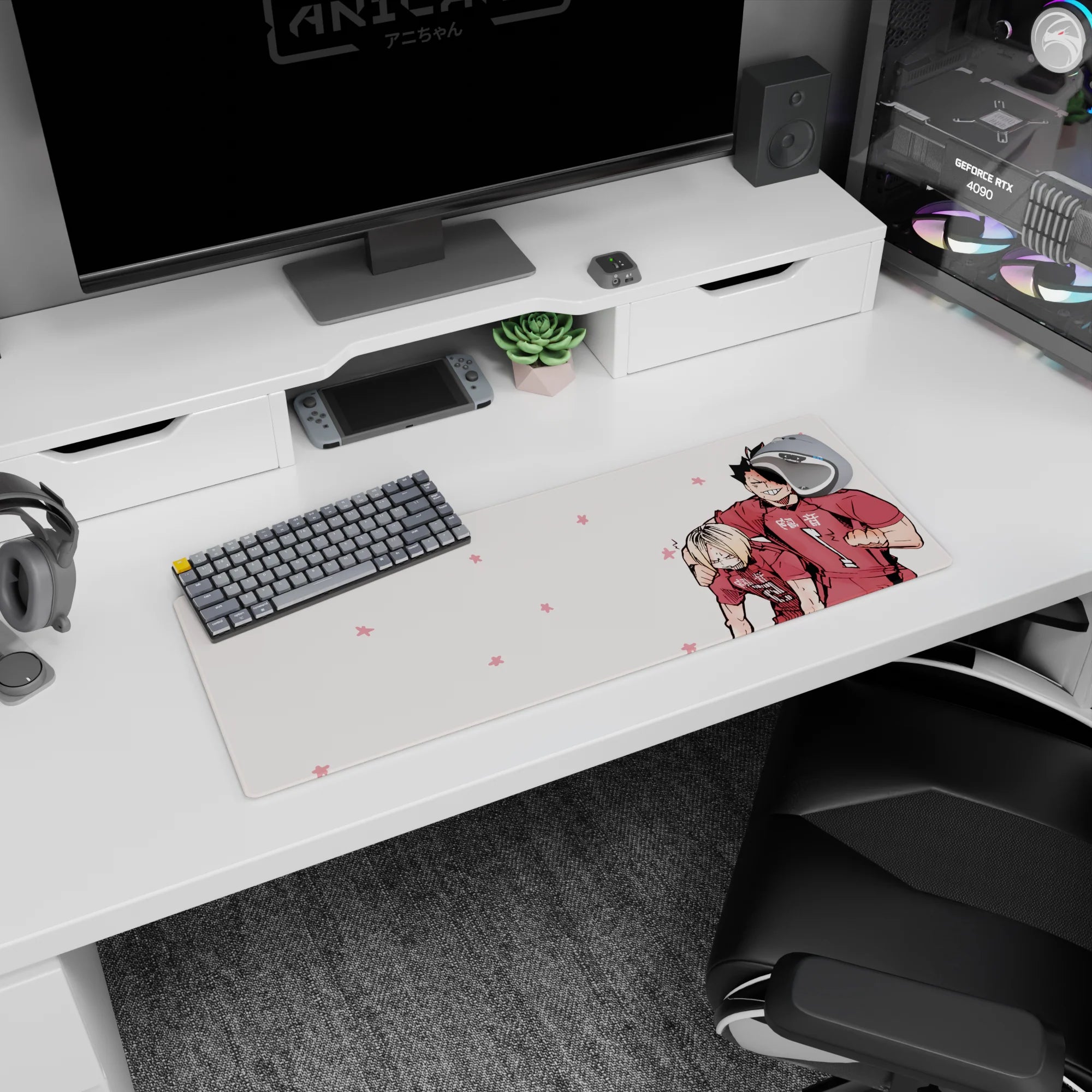 32x12 inches anime mouse pad showing a spiky-haired ace in red hugging his grumpy blond teammate.