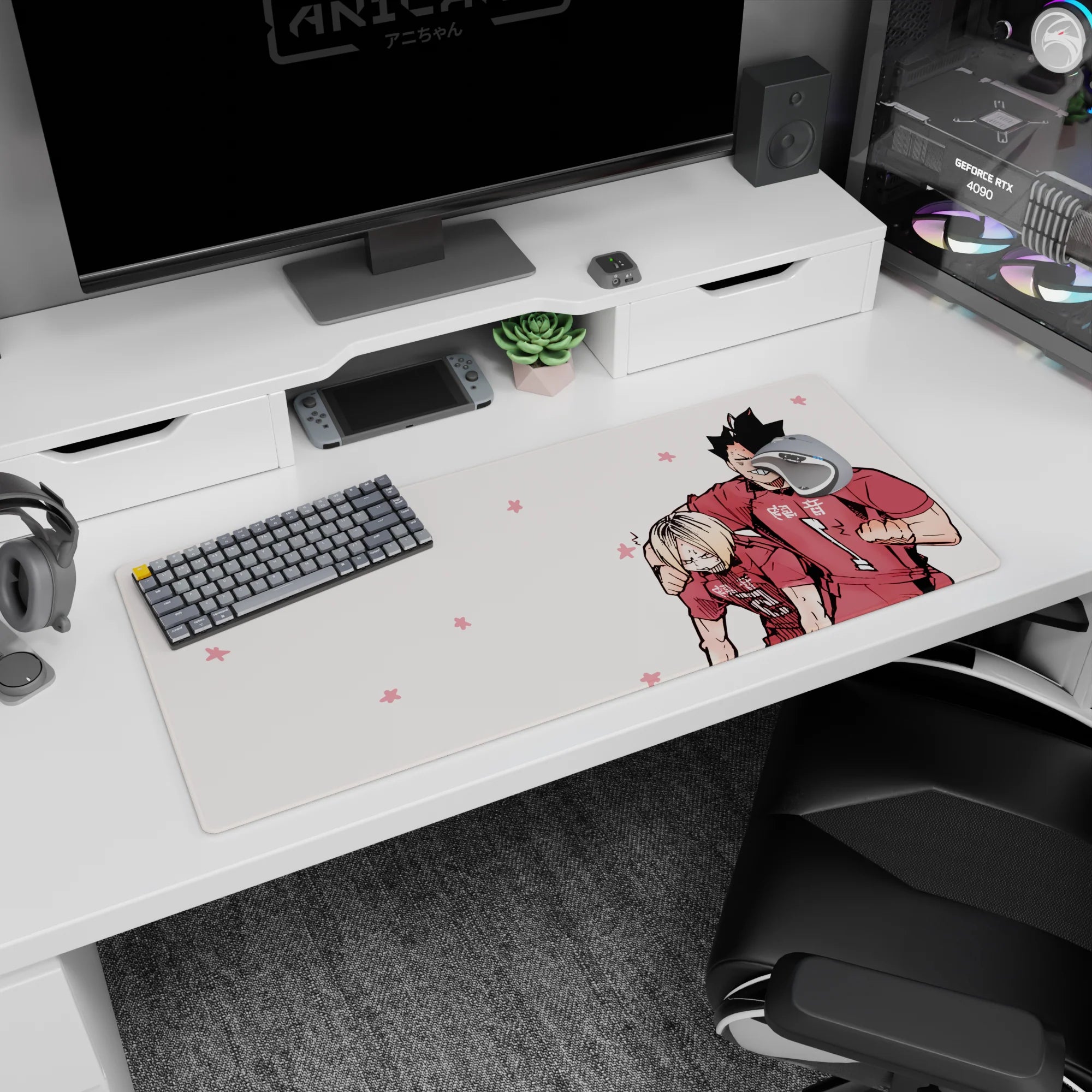 36x16 inches Haikyuu desk pad featuring Bokuto hugging Akaashi, red No.1 jersey and grumpy blond teammate.