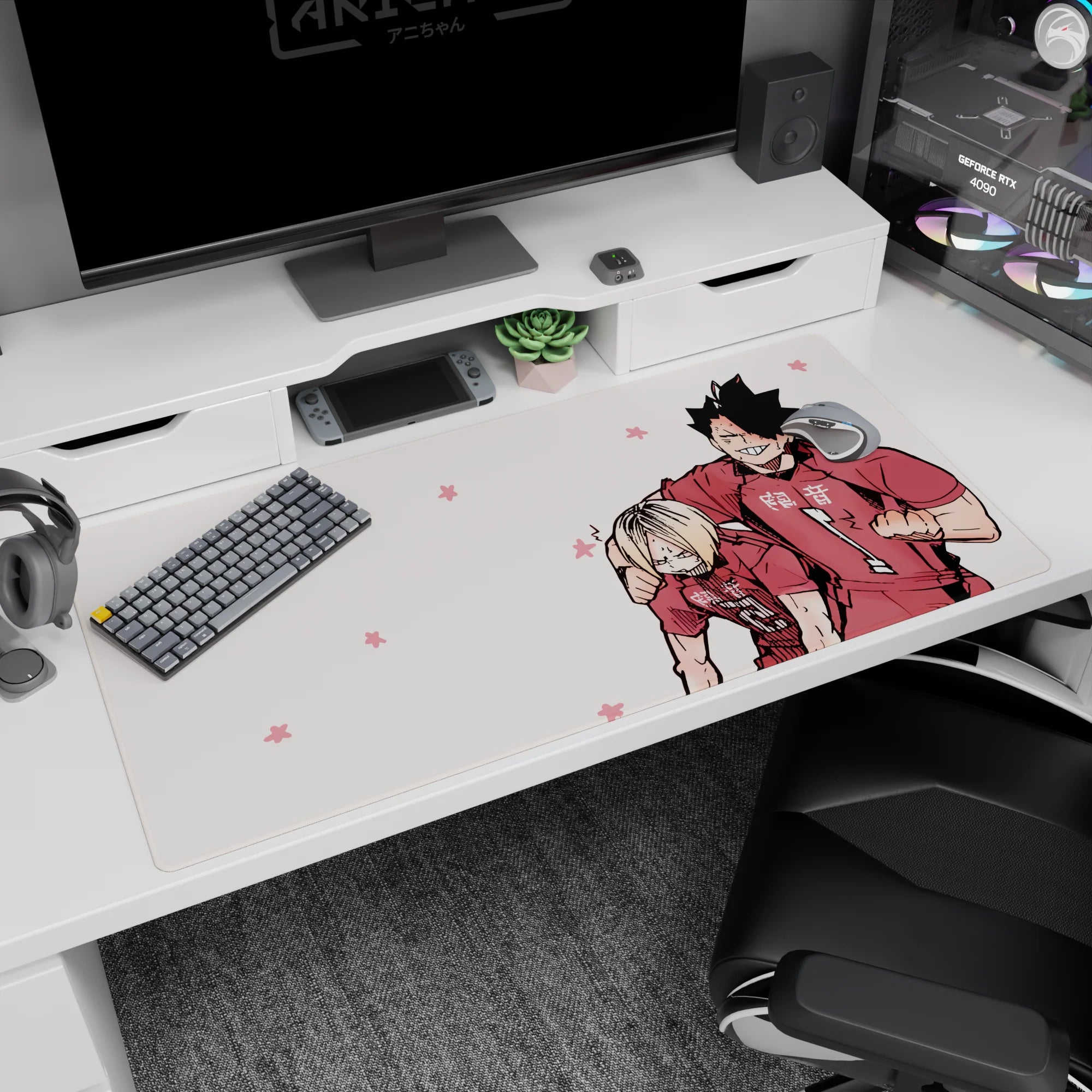Spiky-haired #1 volleyball ace with arm around blond teammate on anime desk pad 40x20 inches.