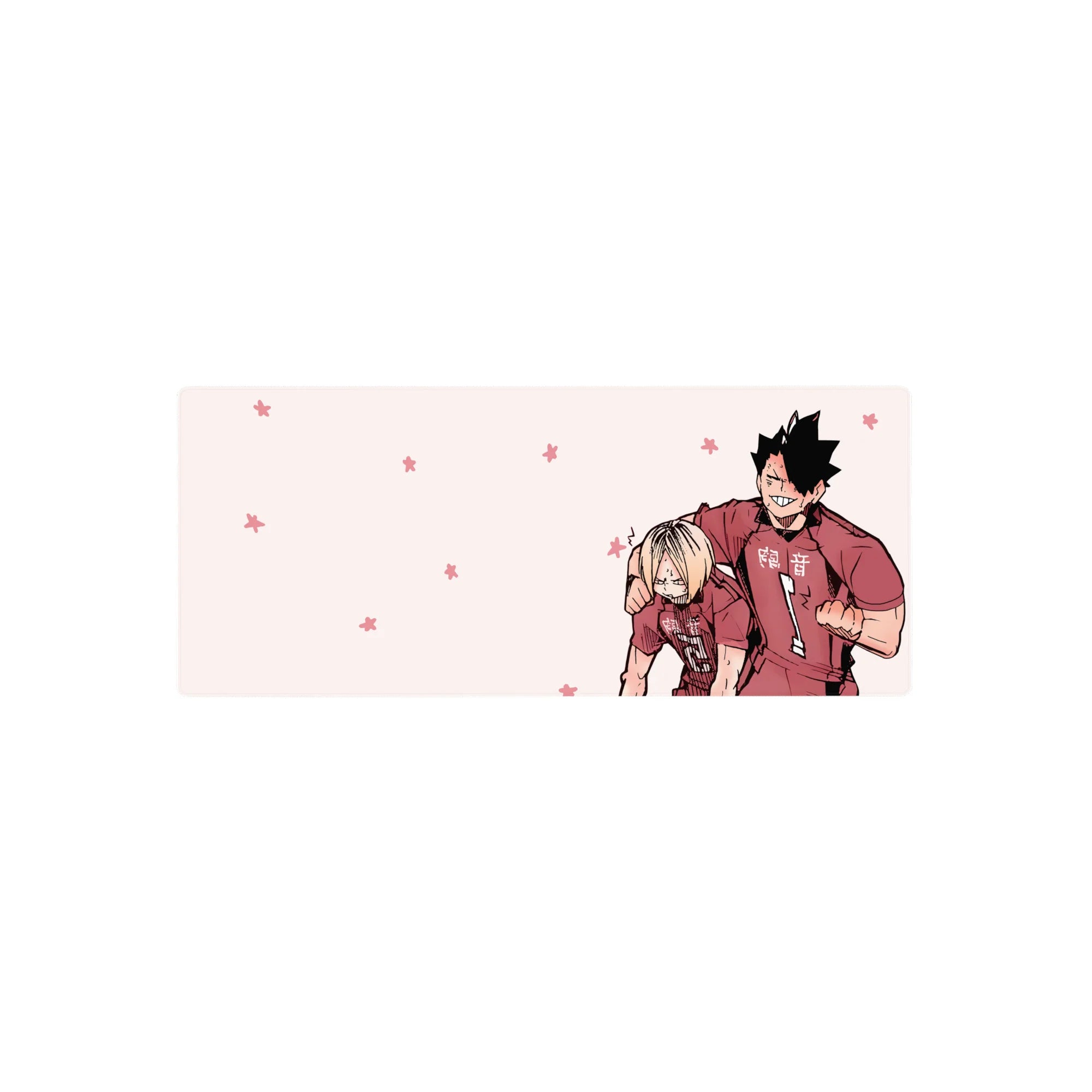 28x12 inches anime mouse pad with two volleyball teammates posing, red jersey ace, blond partner, flowers.