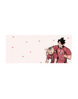 28x12 inches anime mouse pad with two volleyball teammates posing, red jersey ace, blond partner, flowers.