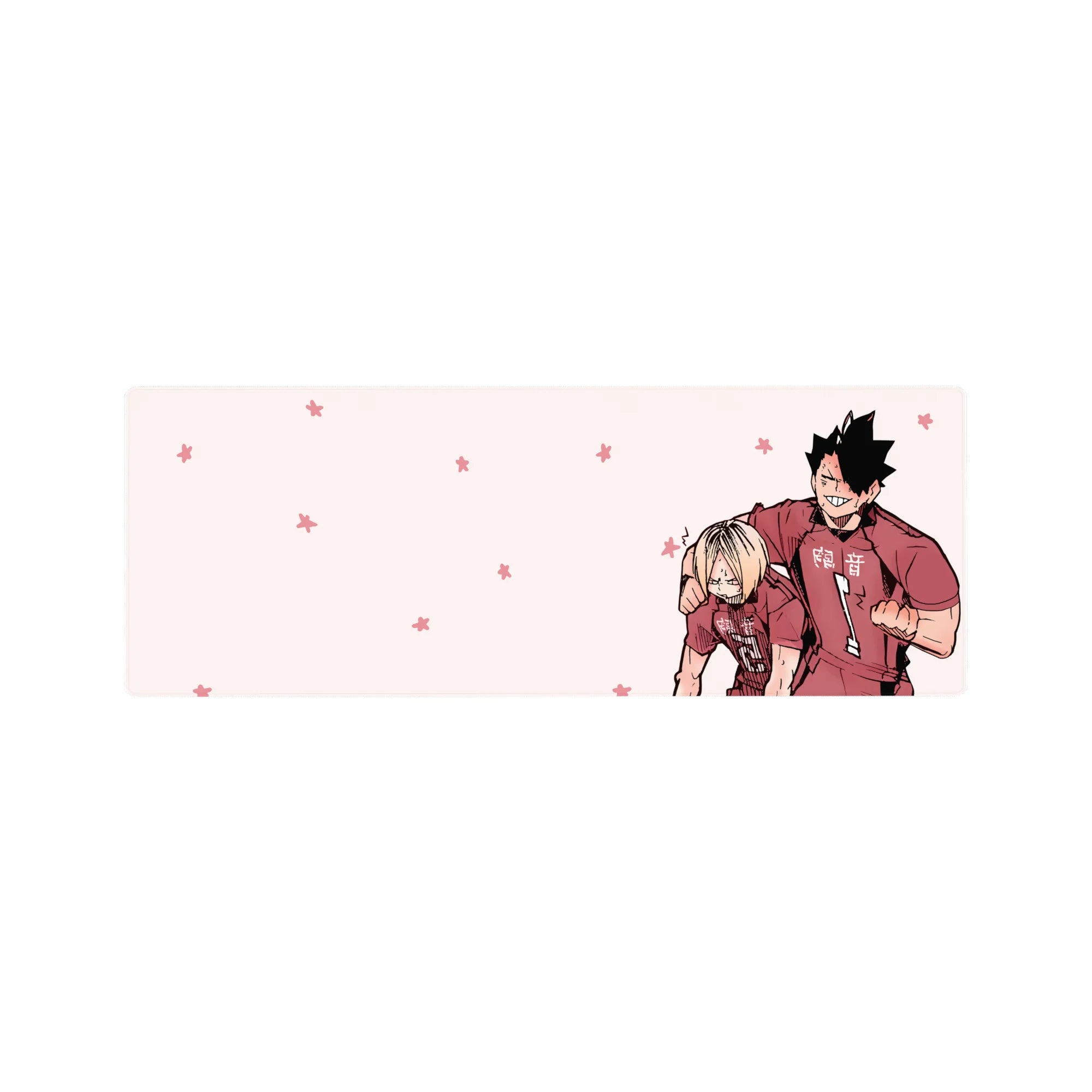 32x12 inches anime mouse pad with two volleyball teammates posing on a pink background with flower icons.