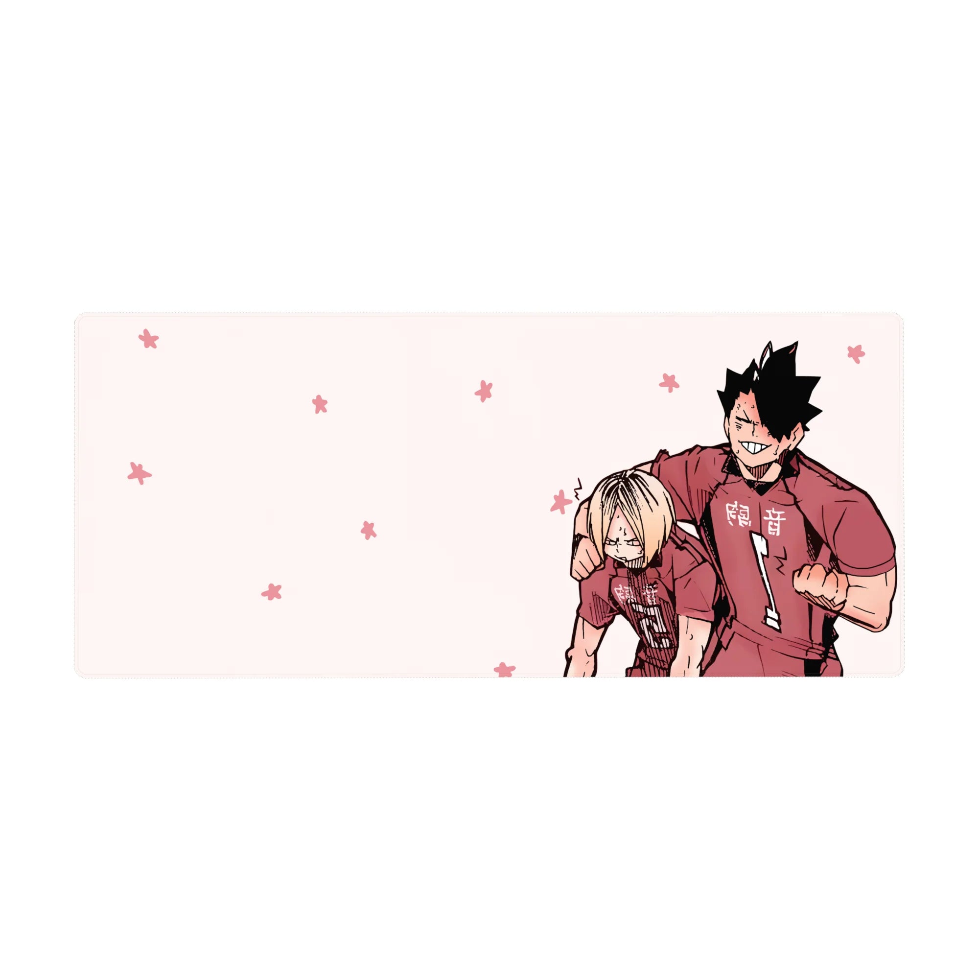 36x16 inches anime desk pad with two volleyball teammates, red jersey ace and blond partner on pink floral back.
