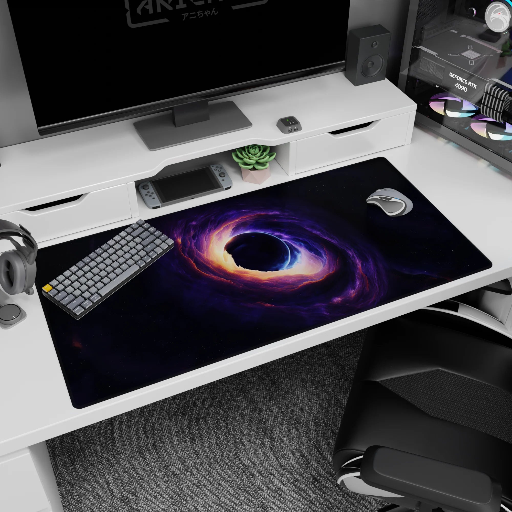 Large 40x20 inch desk pad featuring a cosmic swirl design with violet, blue, and amber planetary tones.