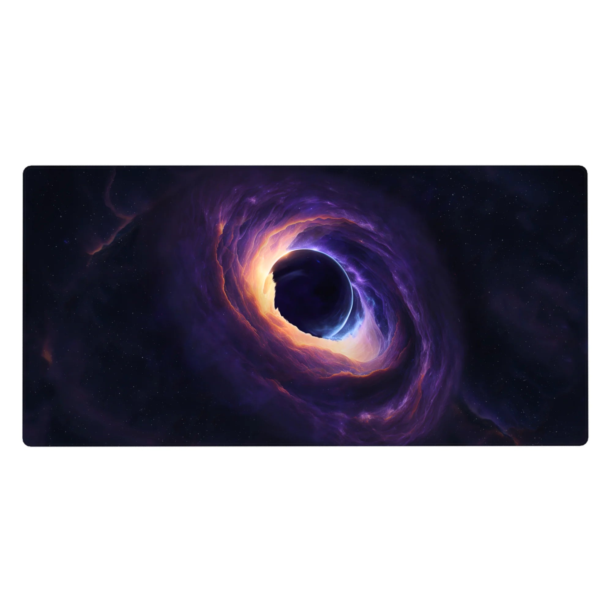 Cosmic galaxy desk pad 40x20 inches with swirling violet, blue, and amber hues adding vibrant depth to any workspace.