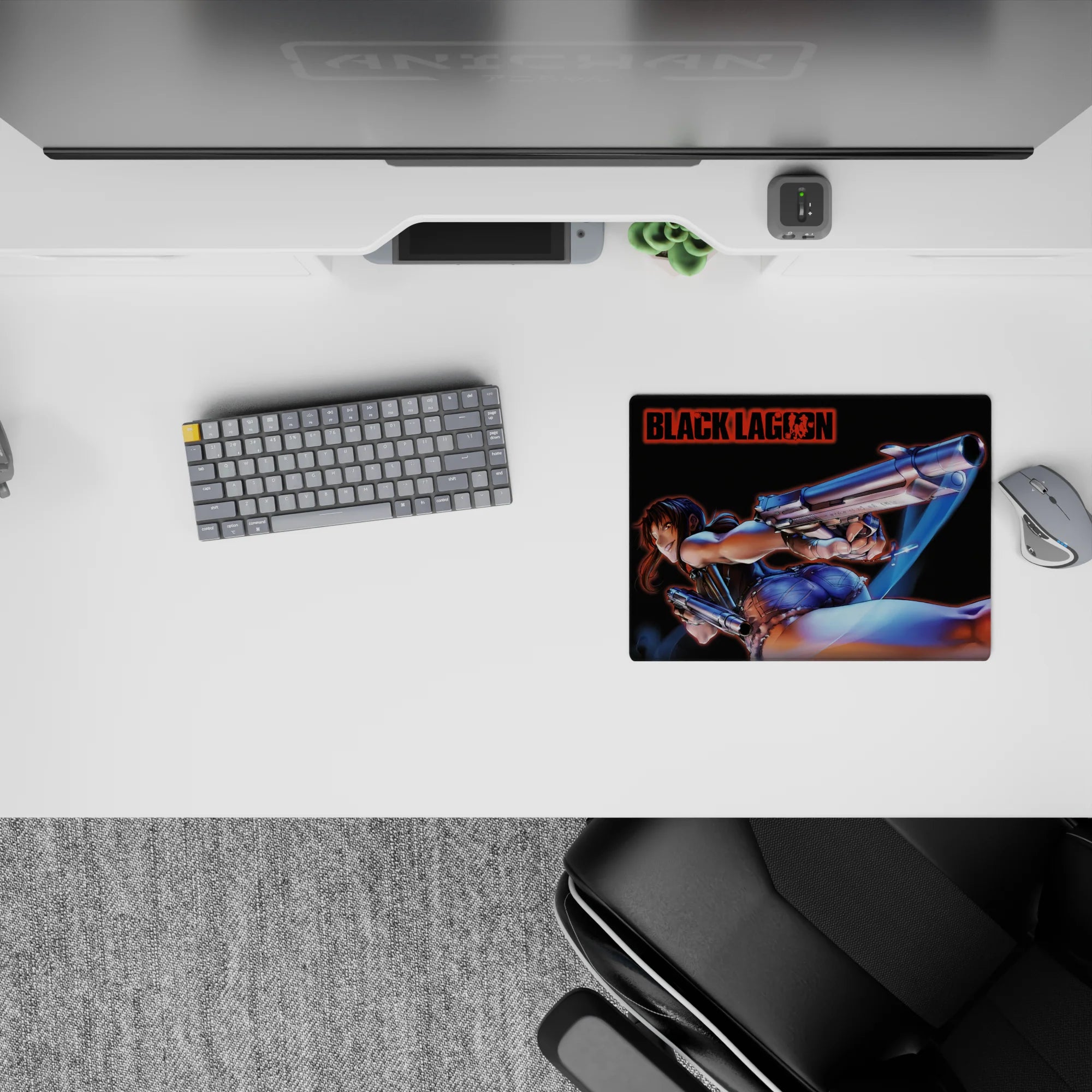 Gritty city-night anime girl mouse pad 14x10 inches in deep blacks, cool blues, and steel highlights.