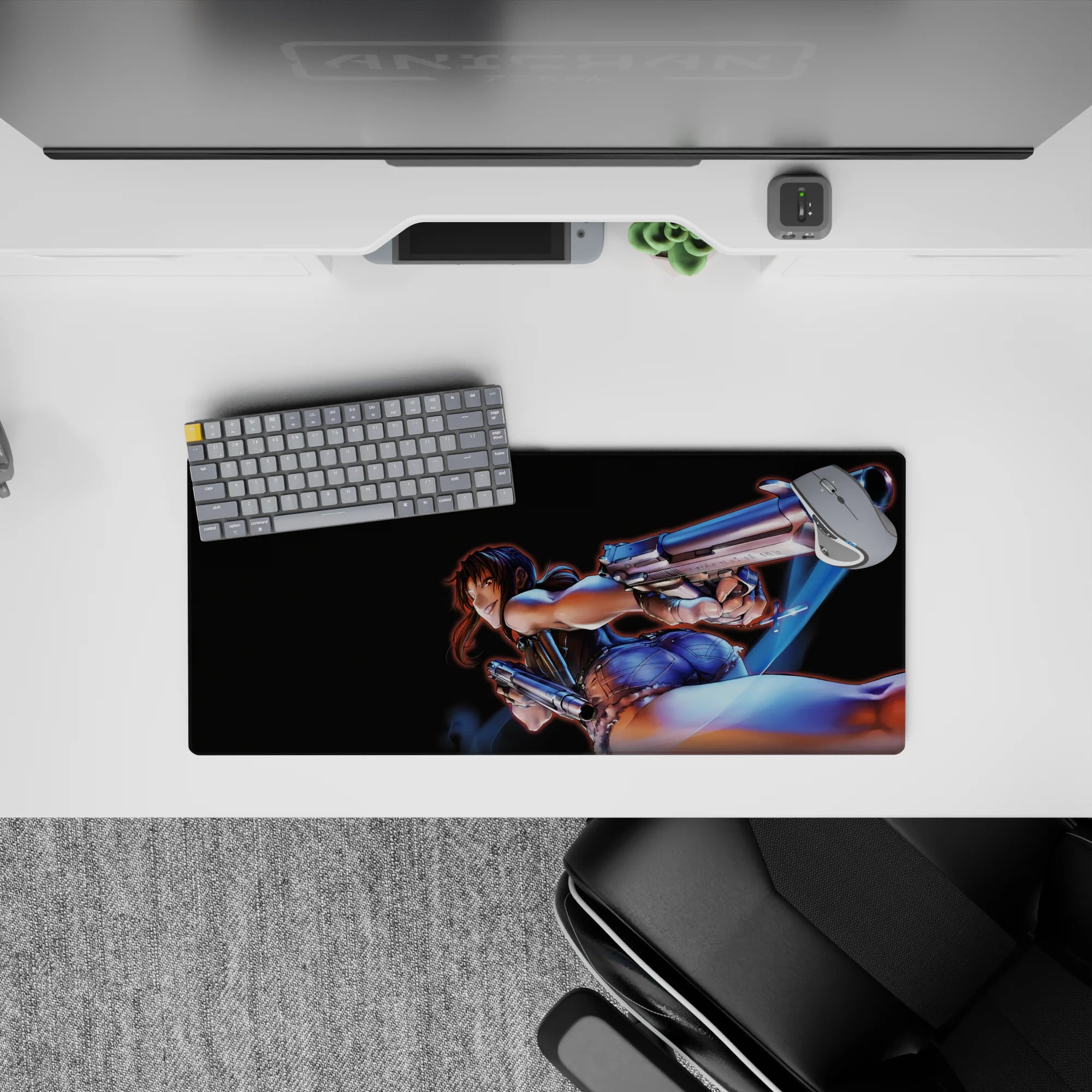 28x12 inches anime girl mouse pad in deep blacks with cool blues and steel highlights, sharp high-contrast vibe.