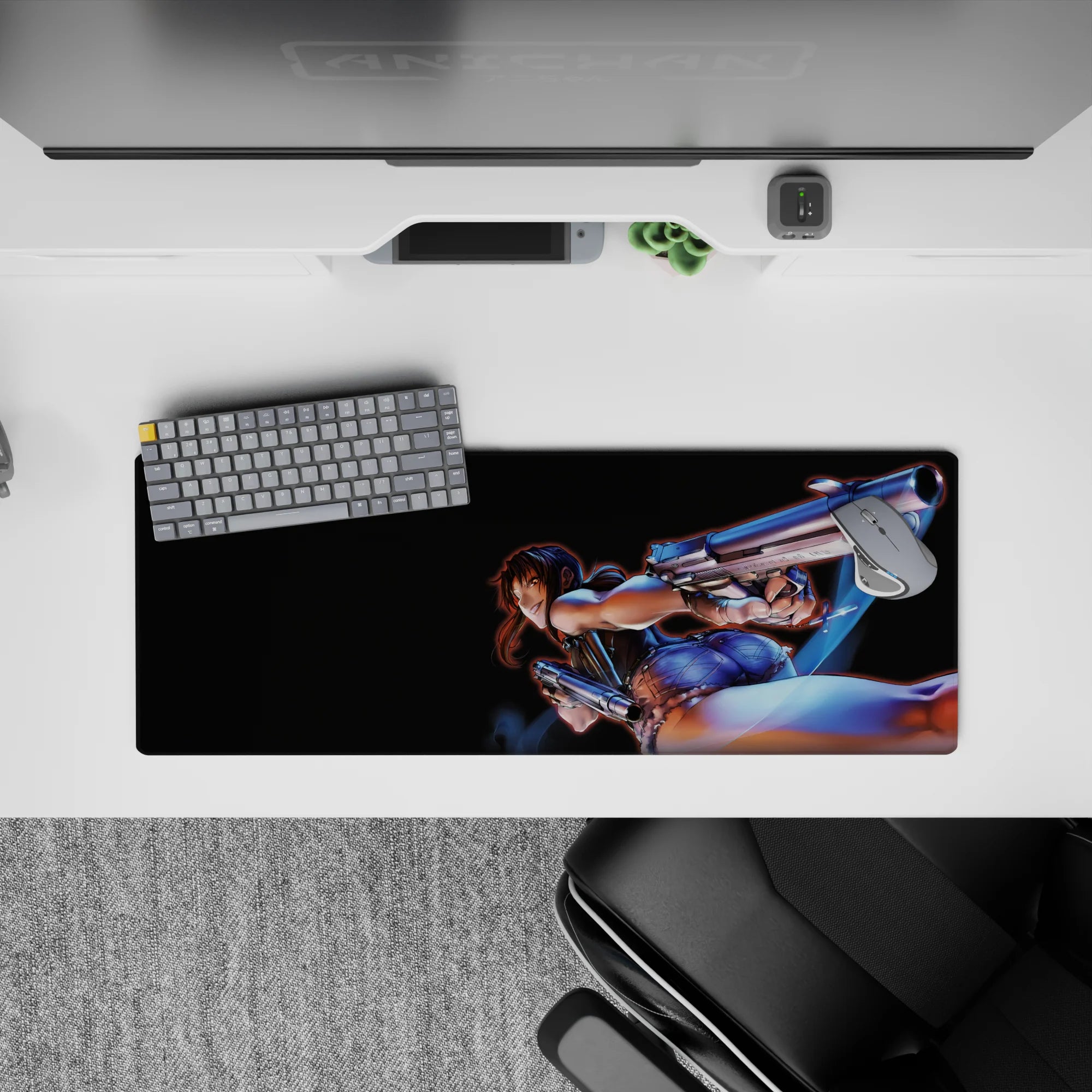 32x12 inches anime girl mouse pad in deep blacks, cool blues, and steel highlights for gritty late-night vibes.