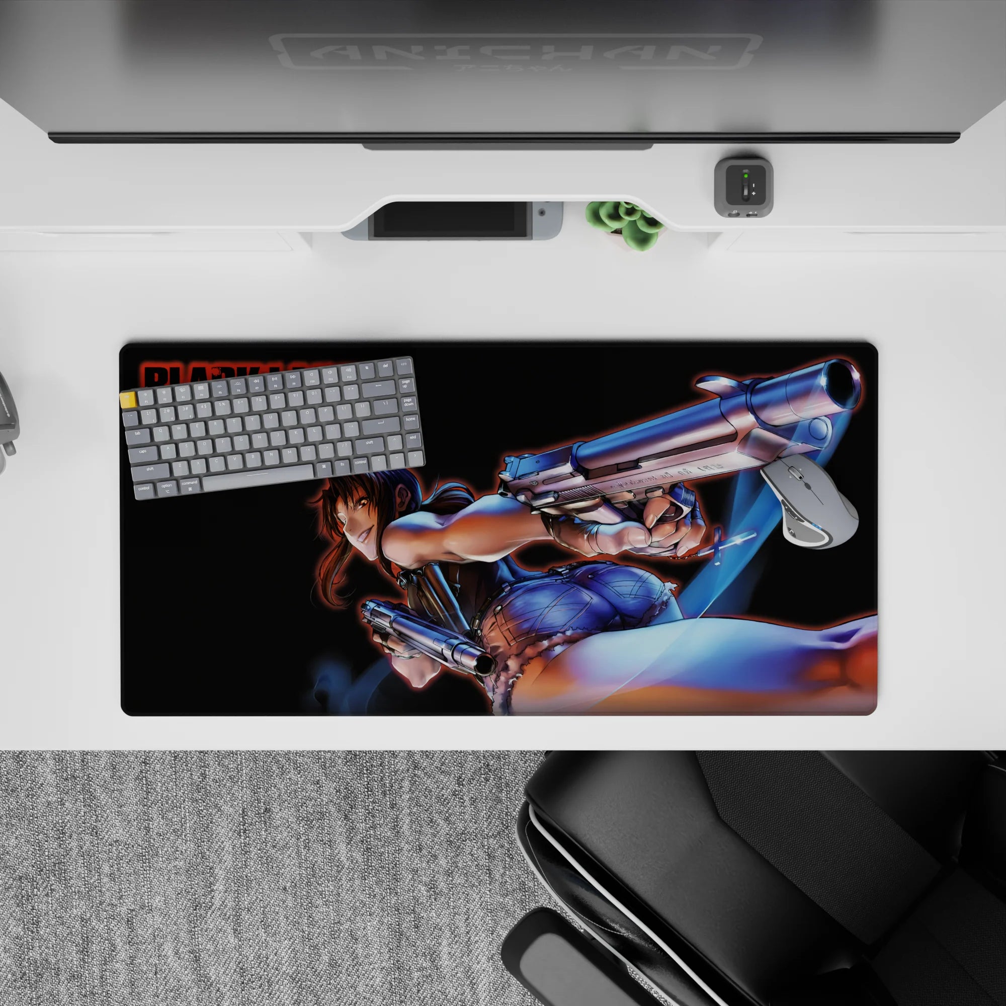 32x16 inches anime girl mouse pad in deep blacks, cool blues, and steel highlights with gritty city-night mood.