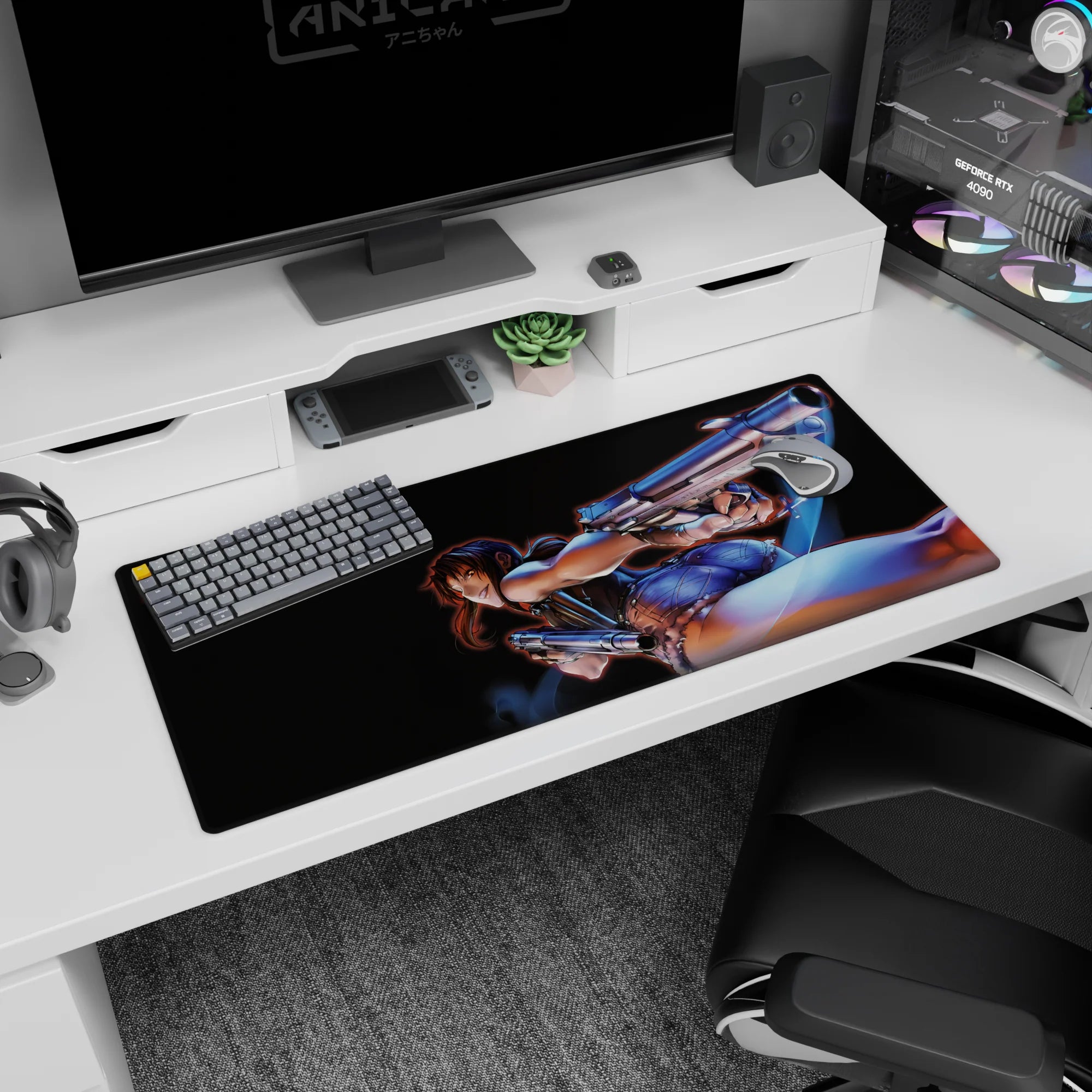 Revy from Black Lagoon 36x16 inches desk pad, wild grin and dual pistols mid-motion city-night scene.