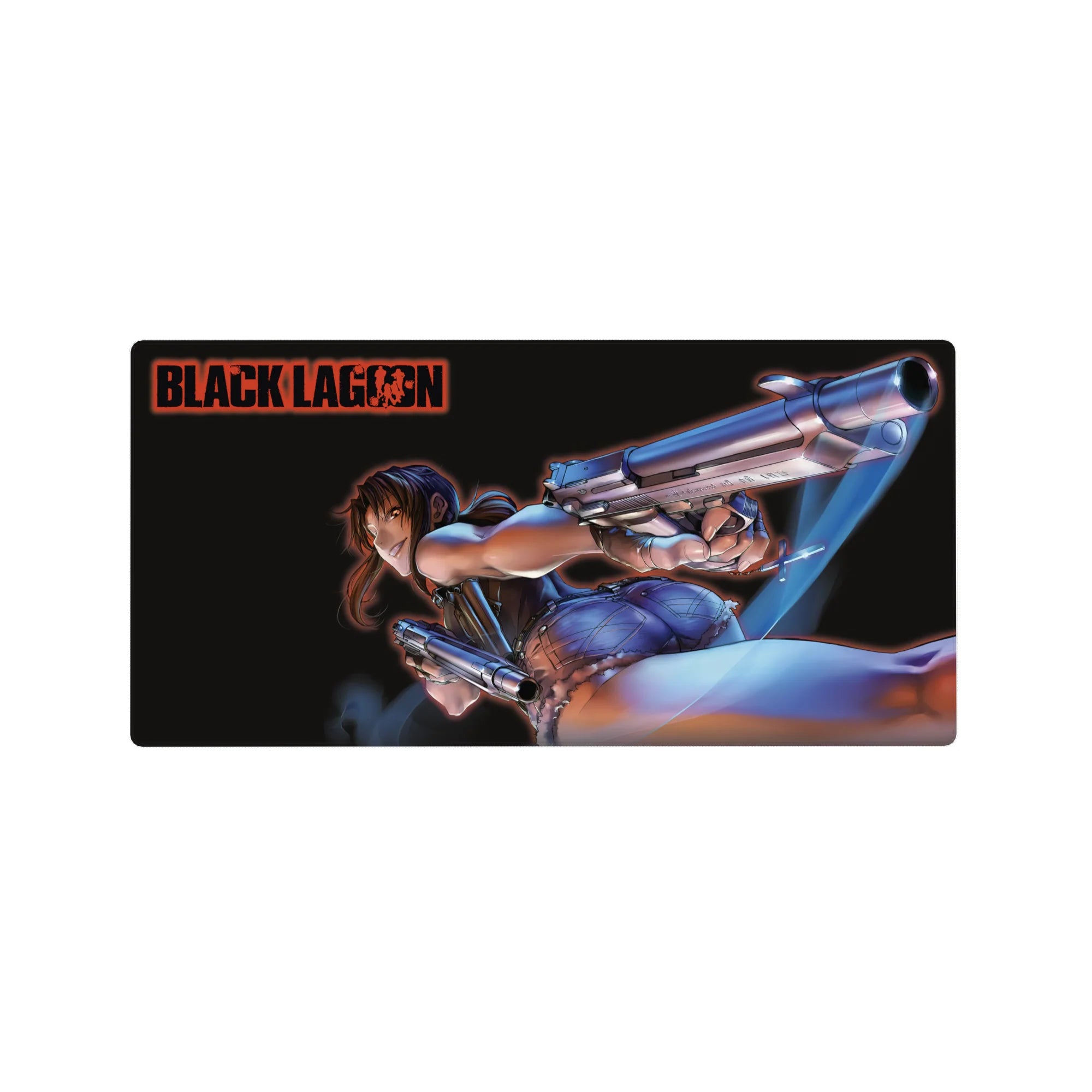 32x16 inches anime girl mouse pad with action pose, twin pistols, denim shorts, and sharp print detail.