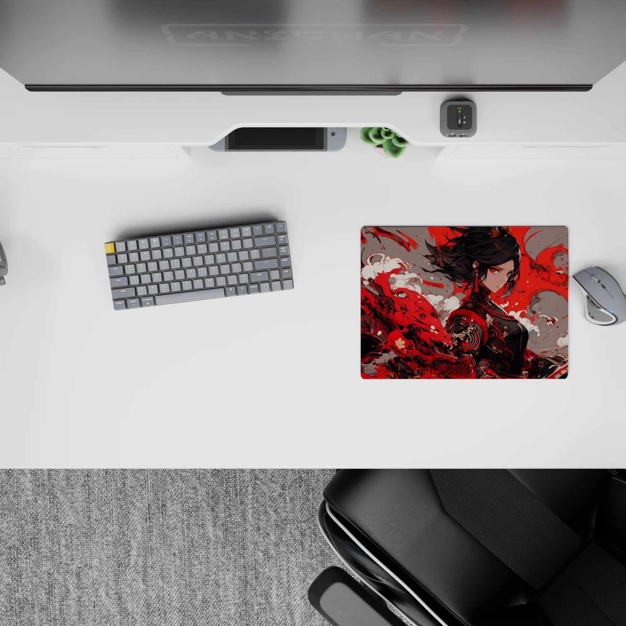 Red, white, and charcoal anime girl mouse pad 14x10 inches with smoky crimson storm mood.