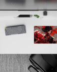 Red, white, and charcoal anime girl mouse pad 14x10 inches with smoky crimson storm mood.