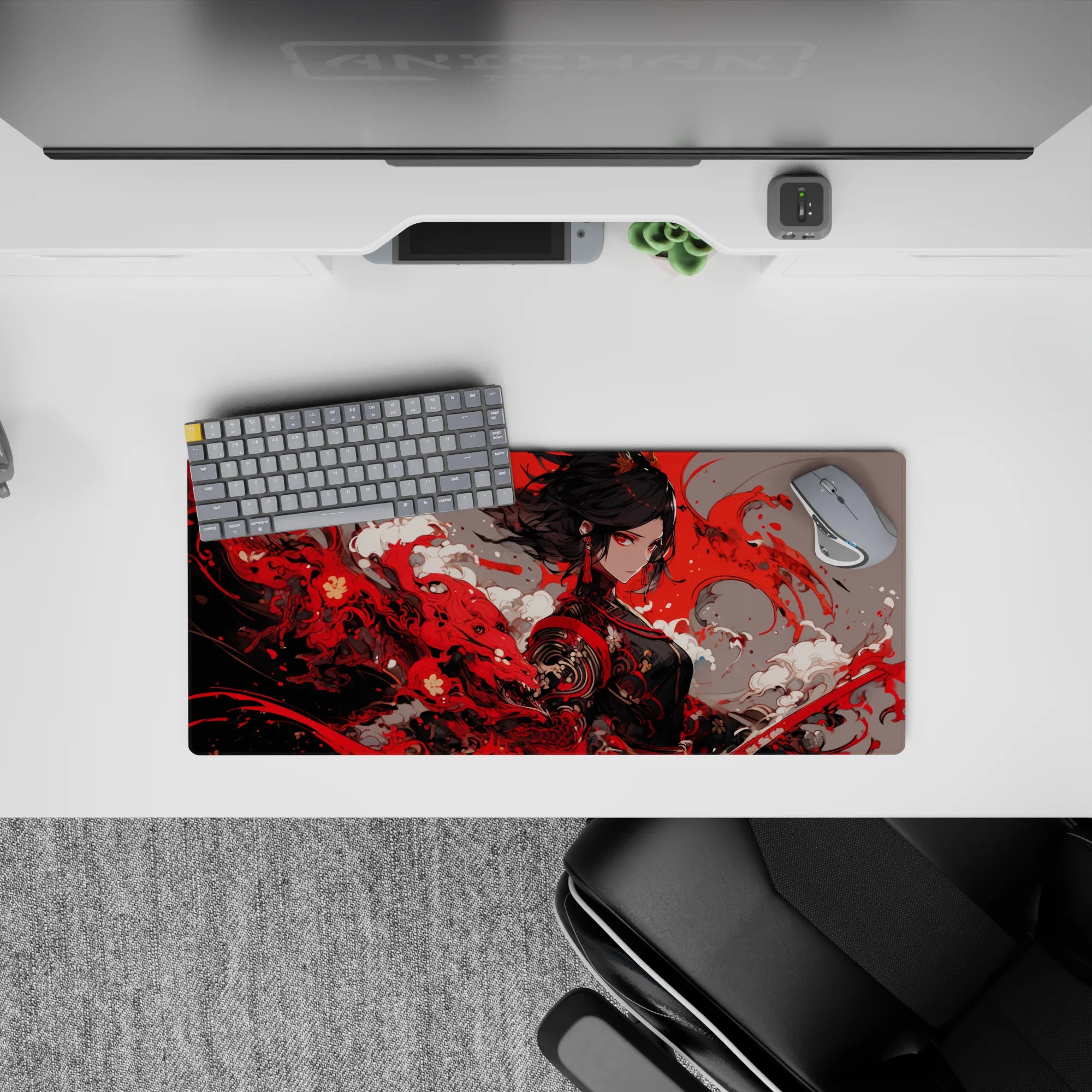 28x12 inches anime girl mouse pad in crimson red, smoky white, and charcoal, fierce dramatic vibe.