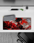 28x12 inches anime girl mouse pad in crimson red, smoky white, and charcoal, fierce dramatic vibe.
