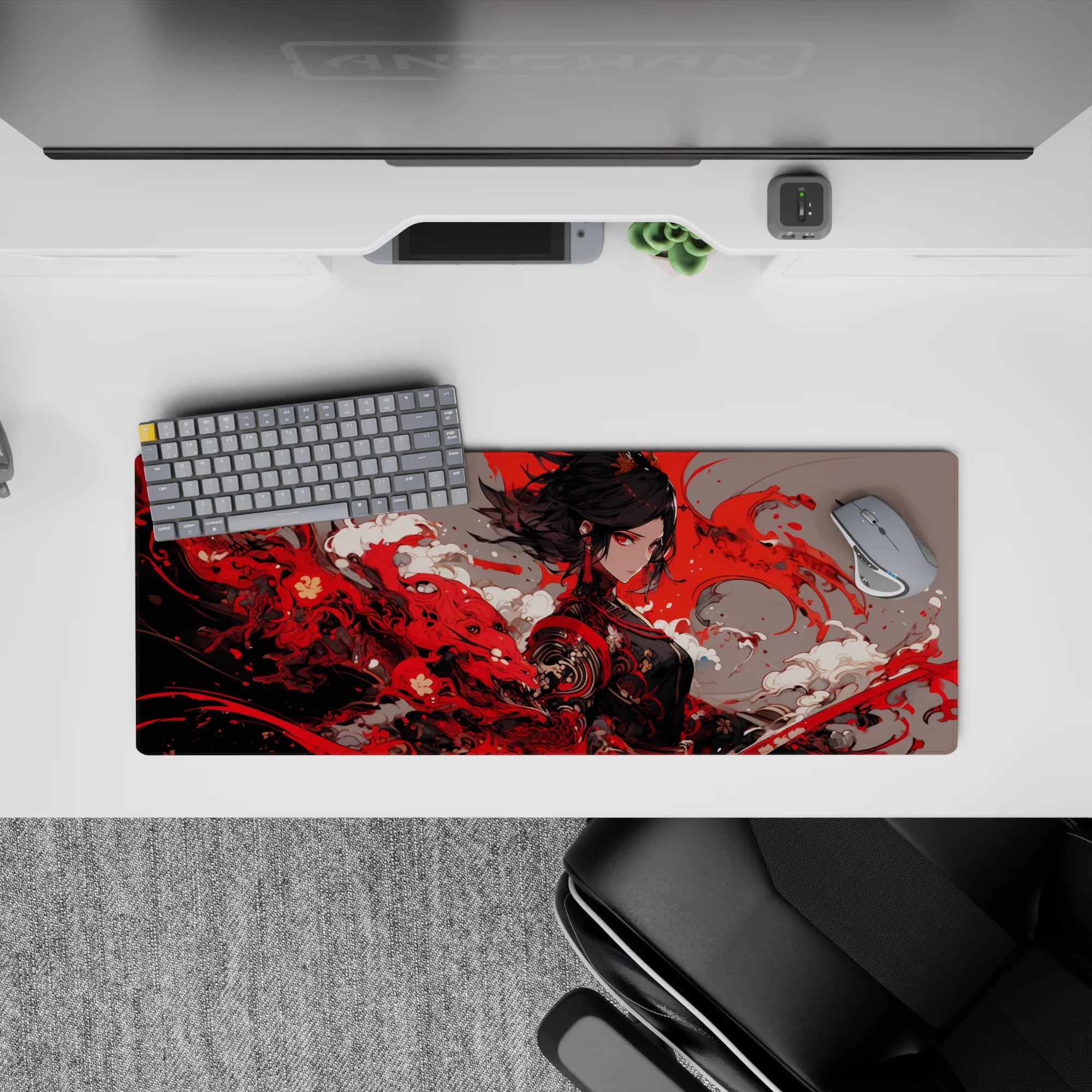 32x12 inches anime girl mouse pad in rich crimson, smoky white, and deep charcoal for a fierce mood.