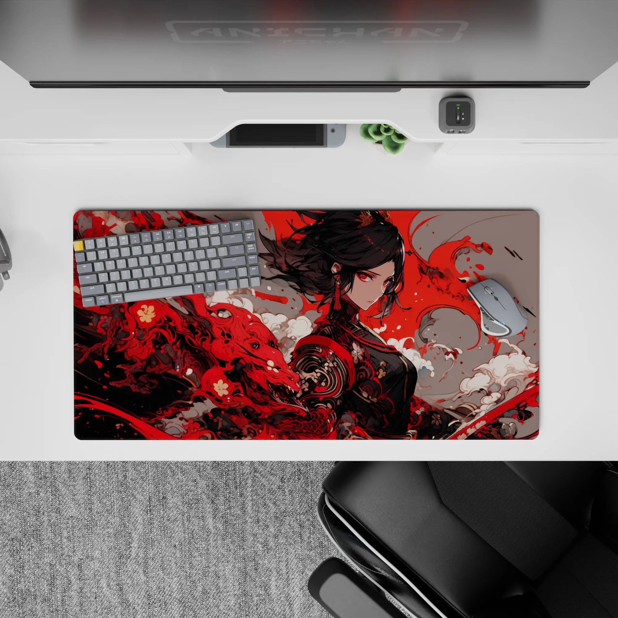 Anime girl mouse pad 32x16 inches in rich crimson, smoky white, and charcoal tones, fierce dramatic vibe.
