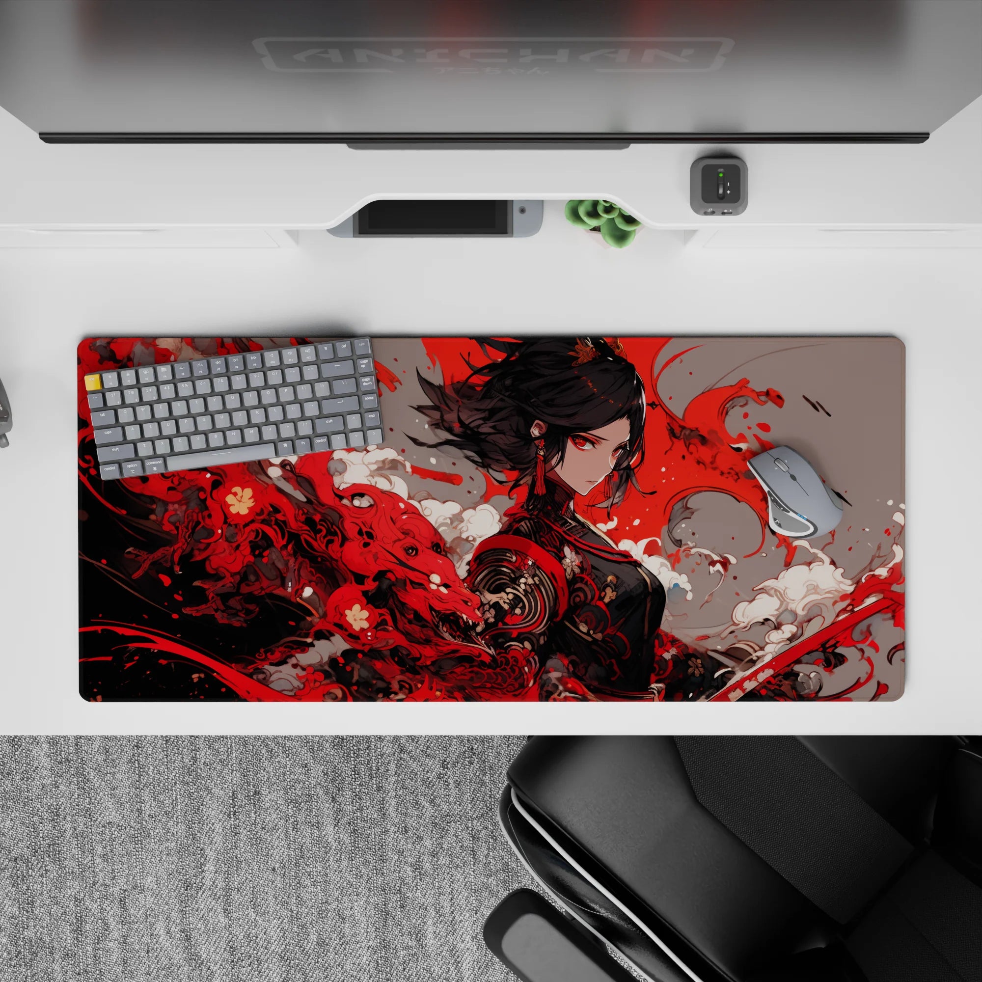 36x16 inches anime desk pad in crimson reds, smoky whites, and charcoal for a fierce vibe.