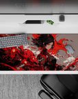 36x16 inches anime desk pad in crimson reds, smoky whites, and charcoal for a fierce vibe.